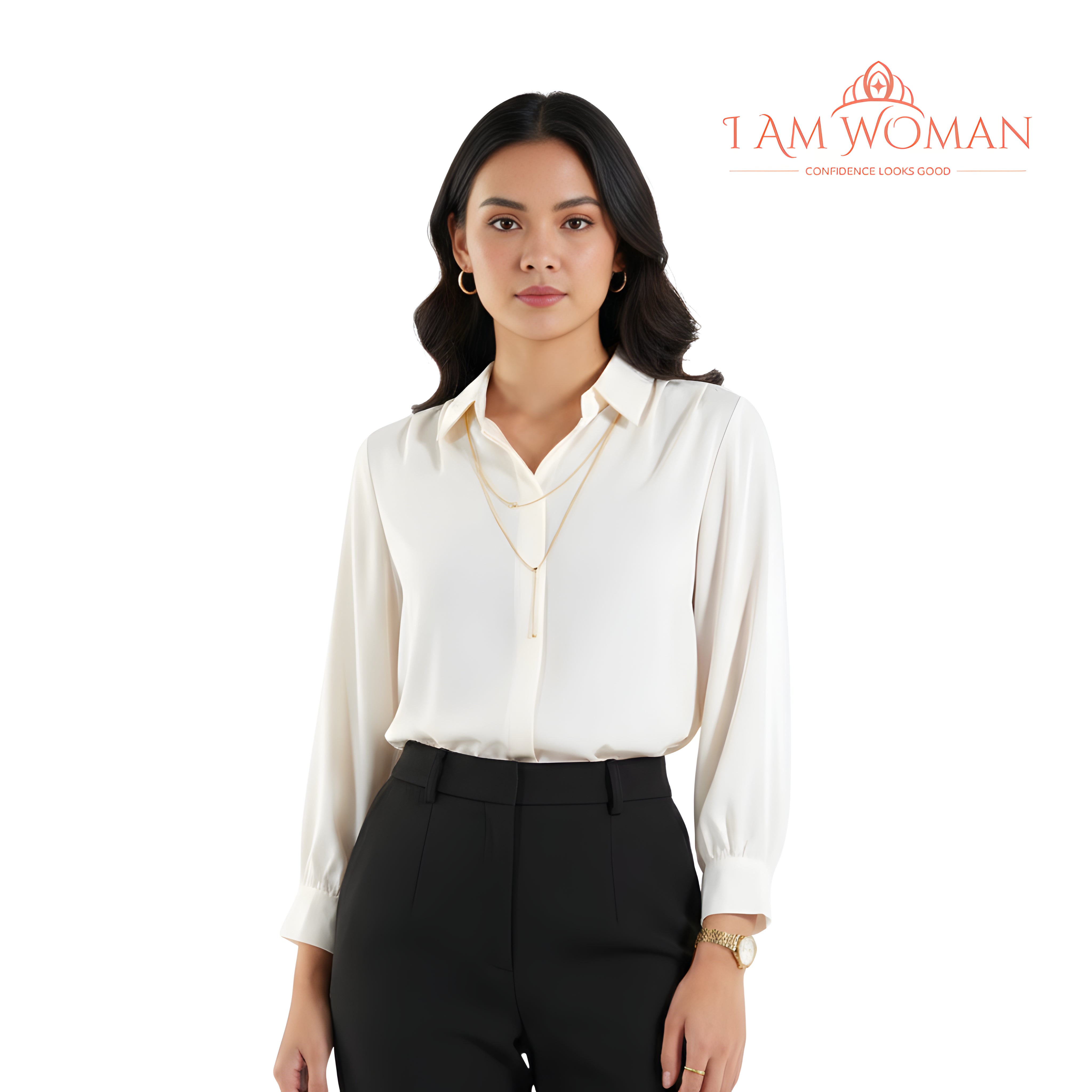 I Am Woman Off-White, Long Sleeve Blouse with Collar