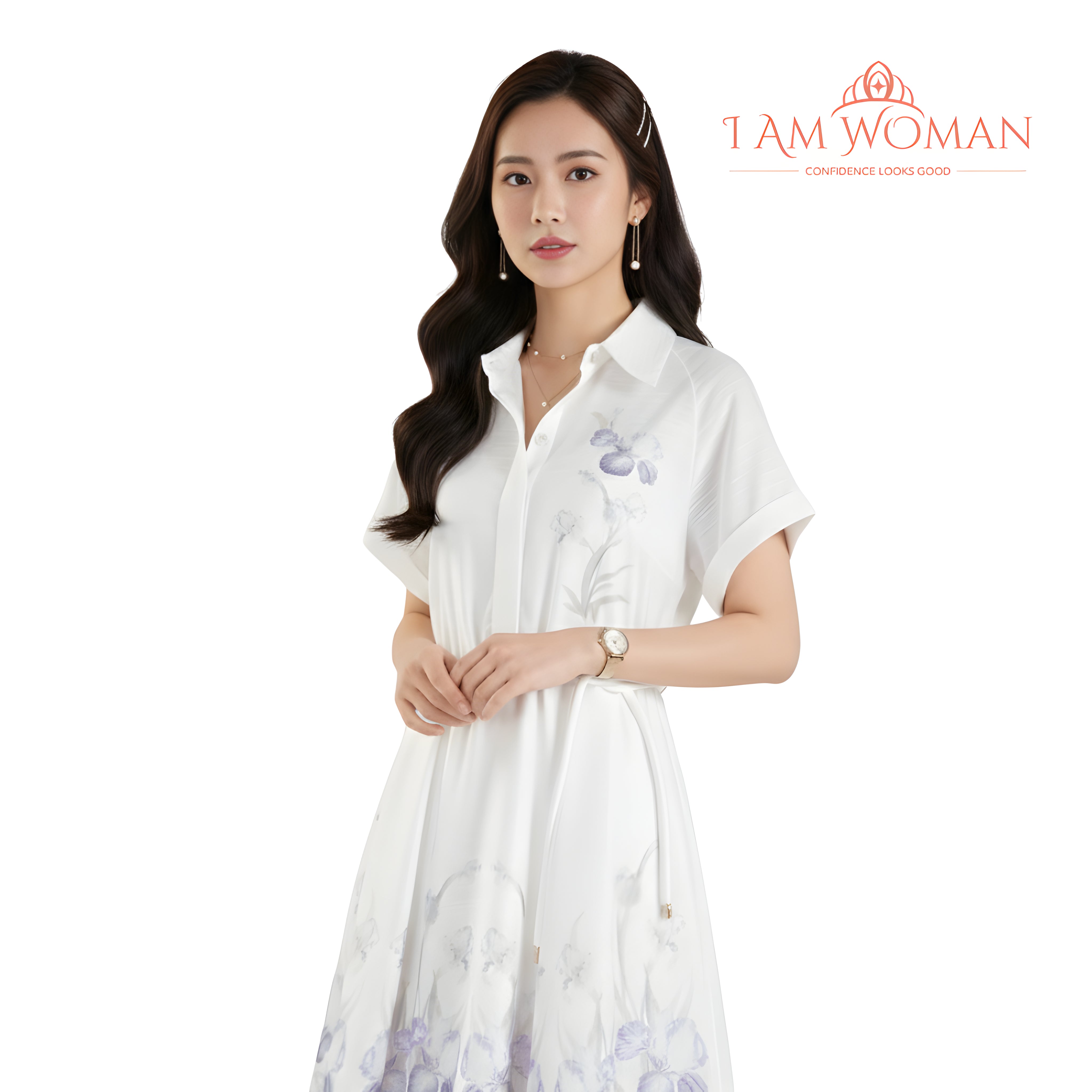 I Am Woman Soft White Floral Embroidered Shirt Dress