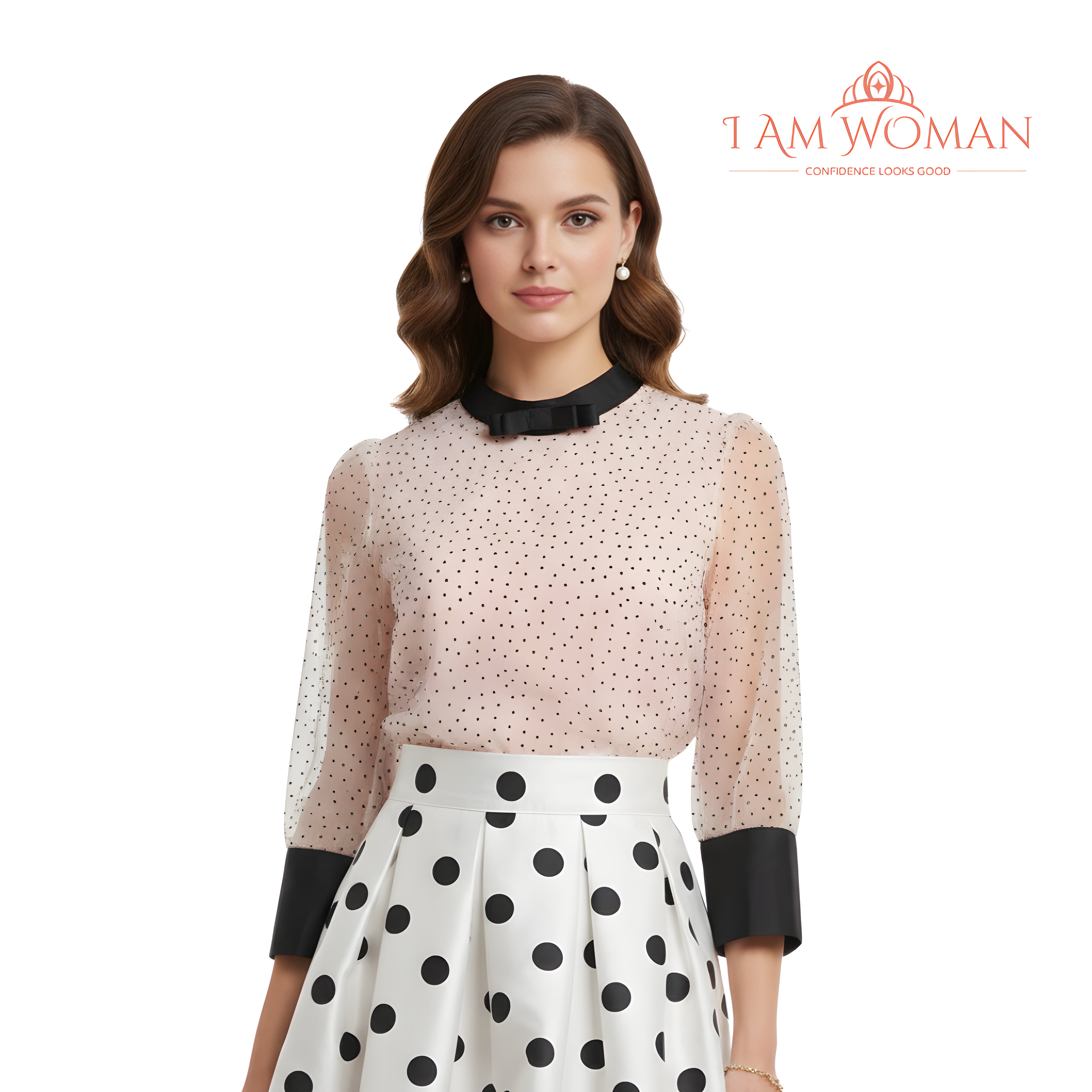 I Am Woman Light Beige Polka Dot Blouse with Black Bow