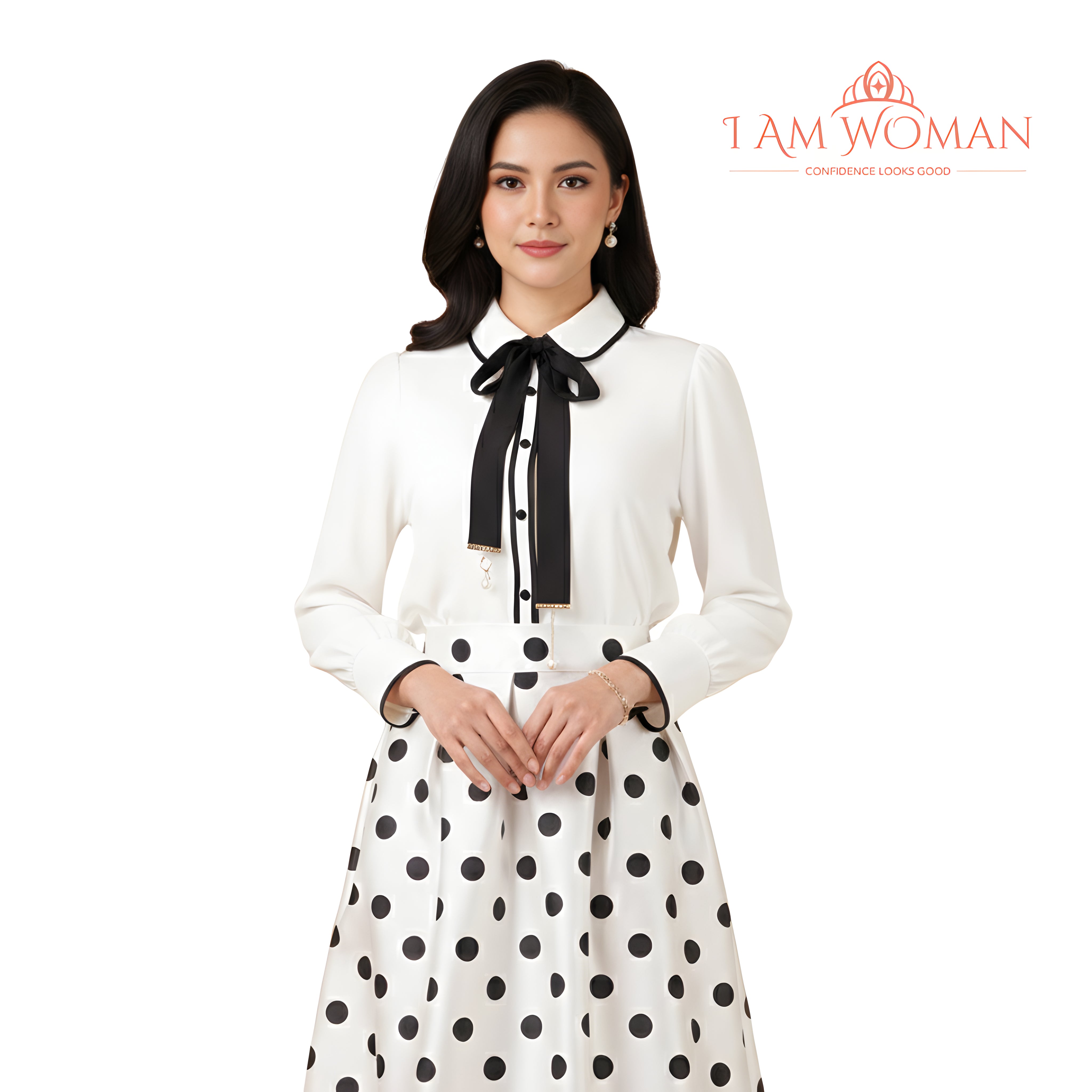 I Am Woman White Blouse with Black Necktie
