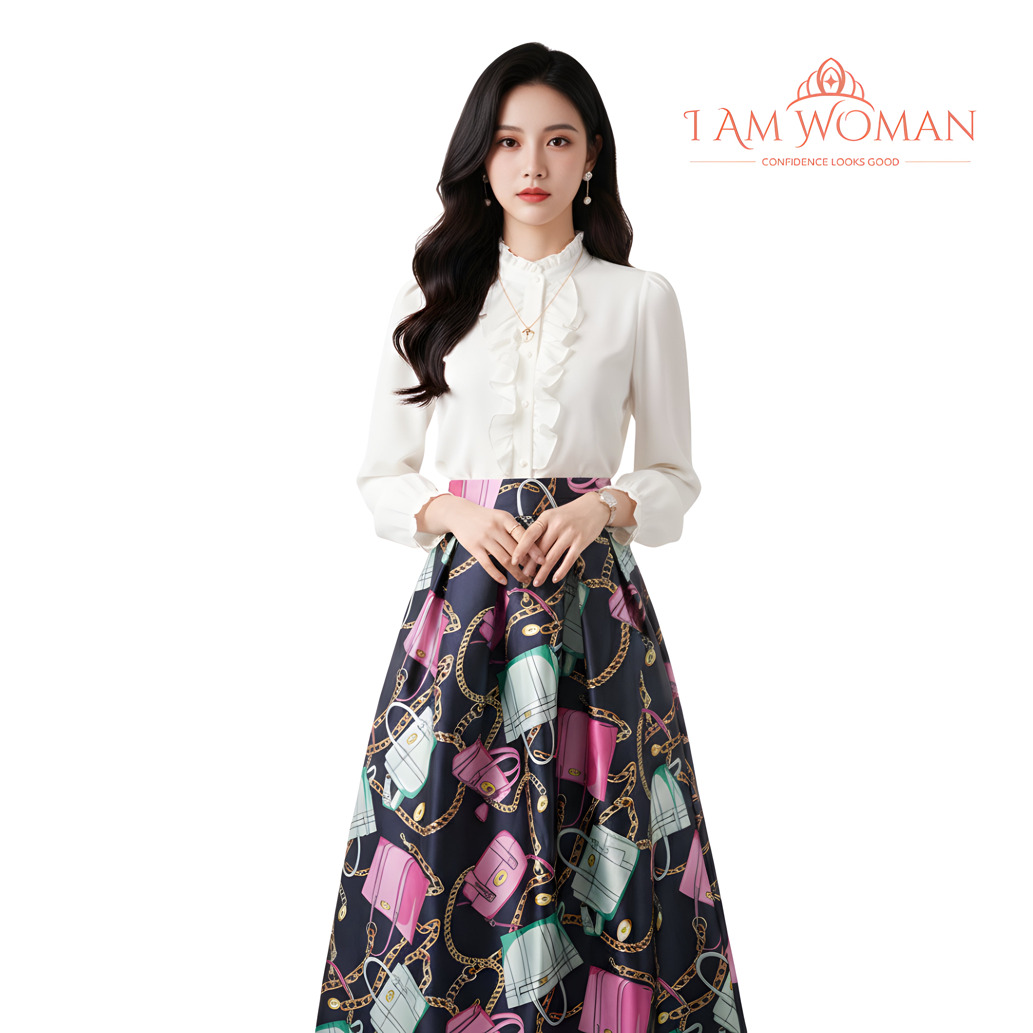 I Am Woman Black Pink Pleated Skirt with Handbag Print