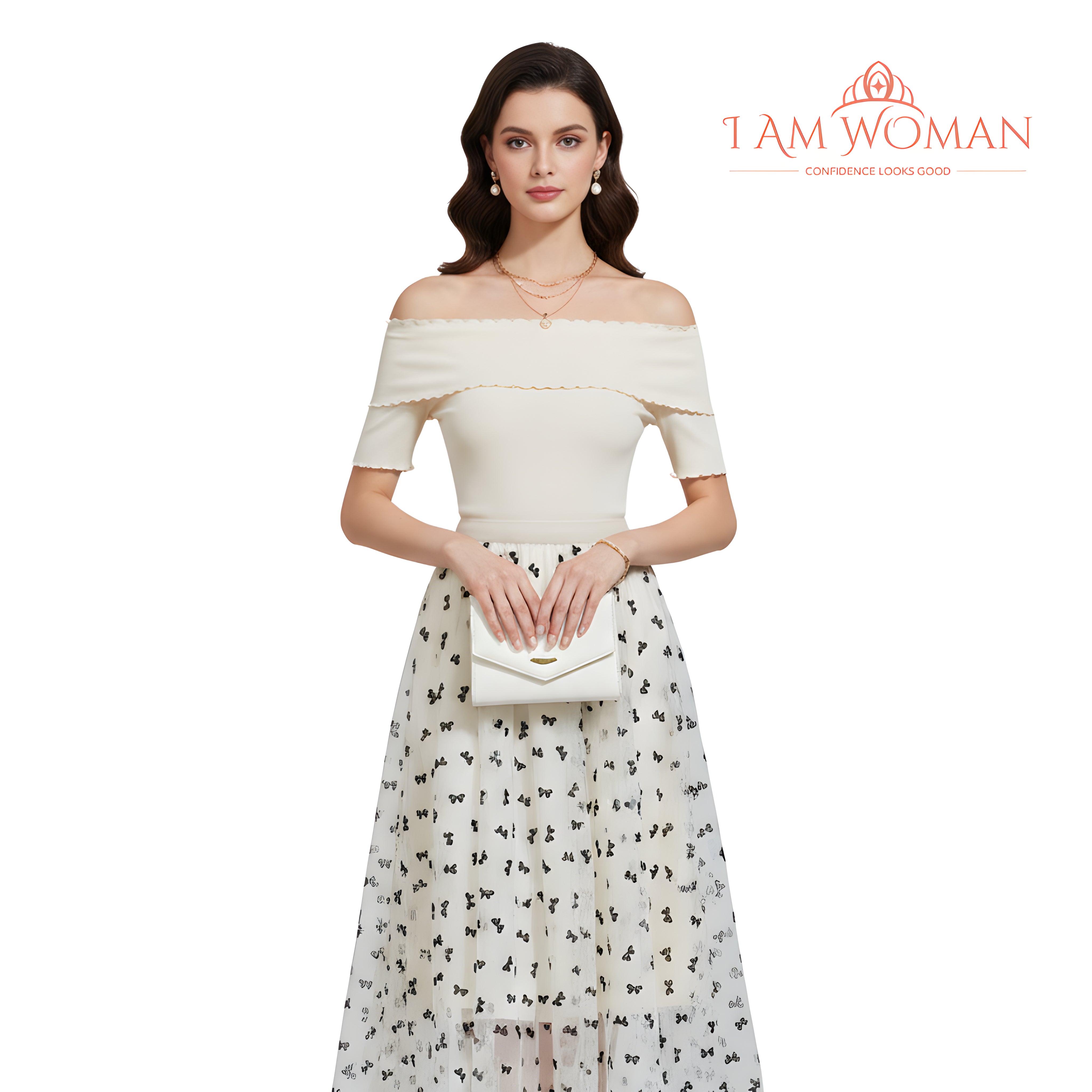 I Am Woman Off-White Tulle Skirt with Black Bows Print