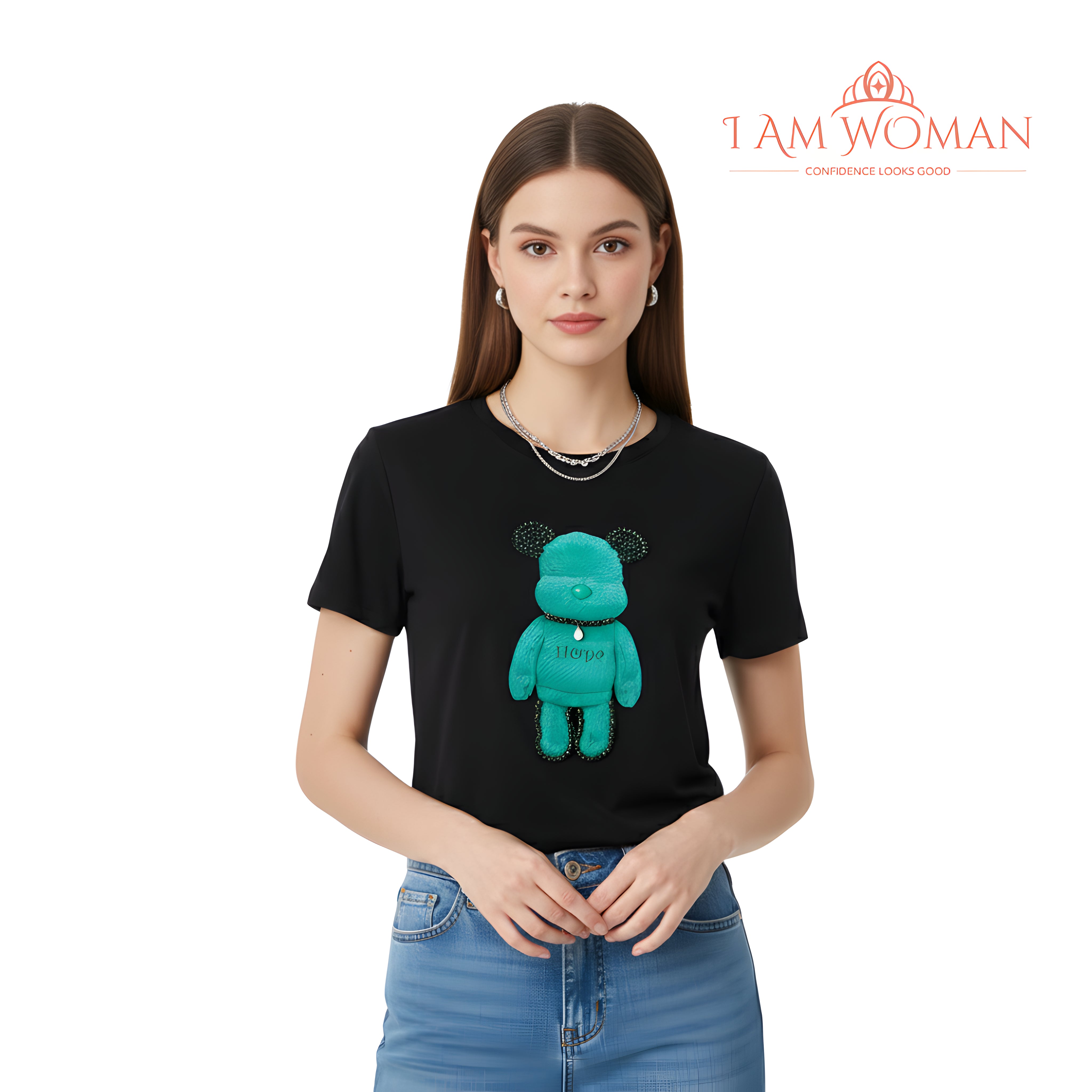 I Am Woman Black T-Shirt with a Teal Teddy Bear Applique
