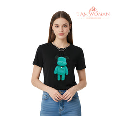 I Am Woman Black T-Shirt with a Teal Teddy Bear Applique