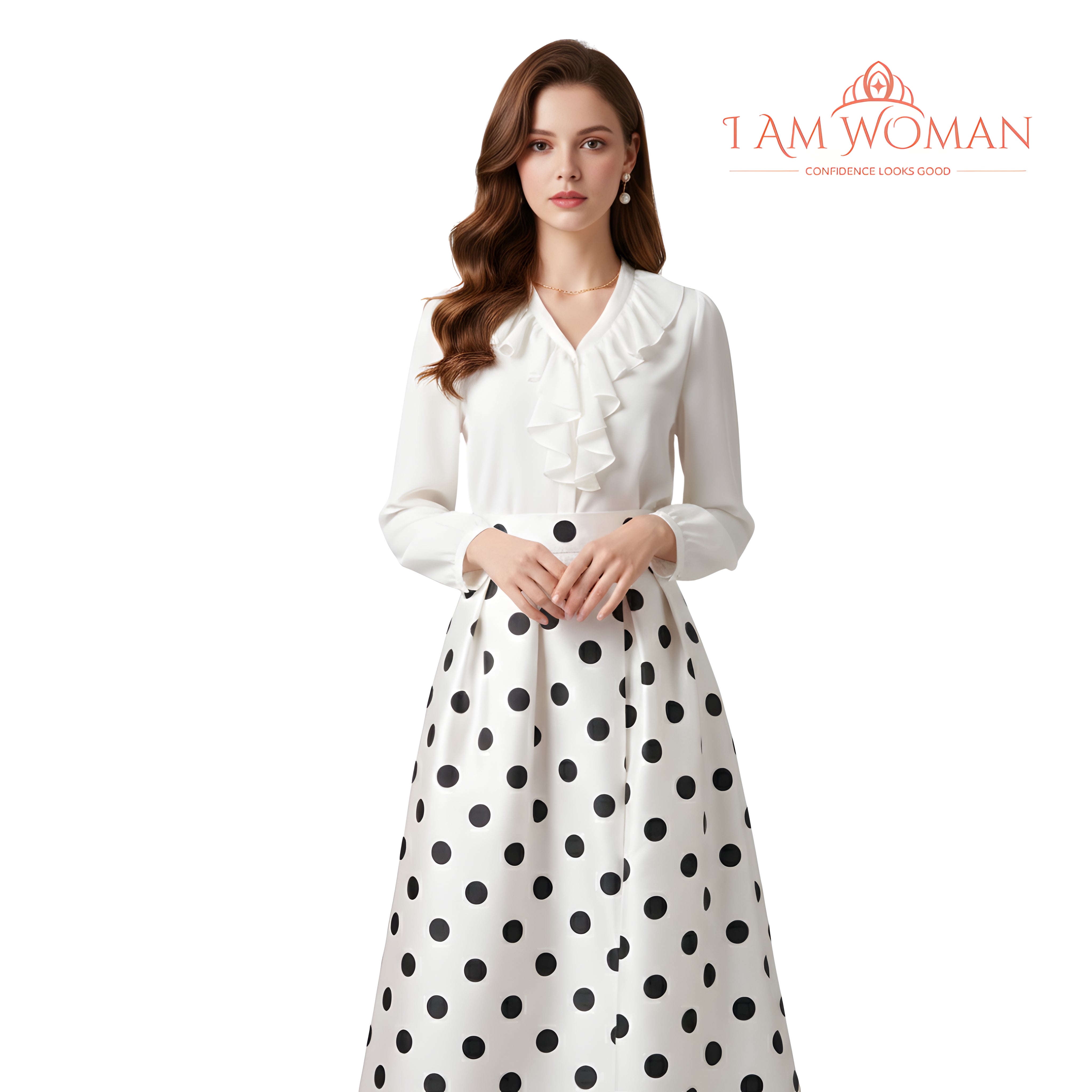 I Am Woman White Pleated Midi Skirt with Black Polka Dots
