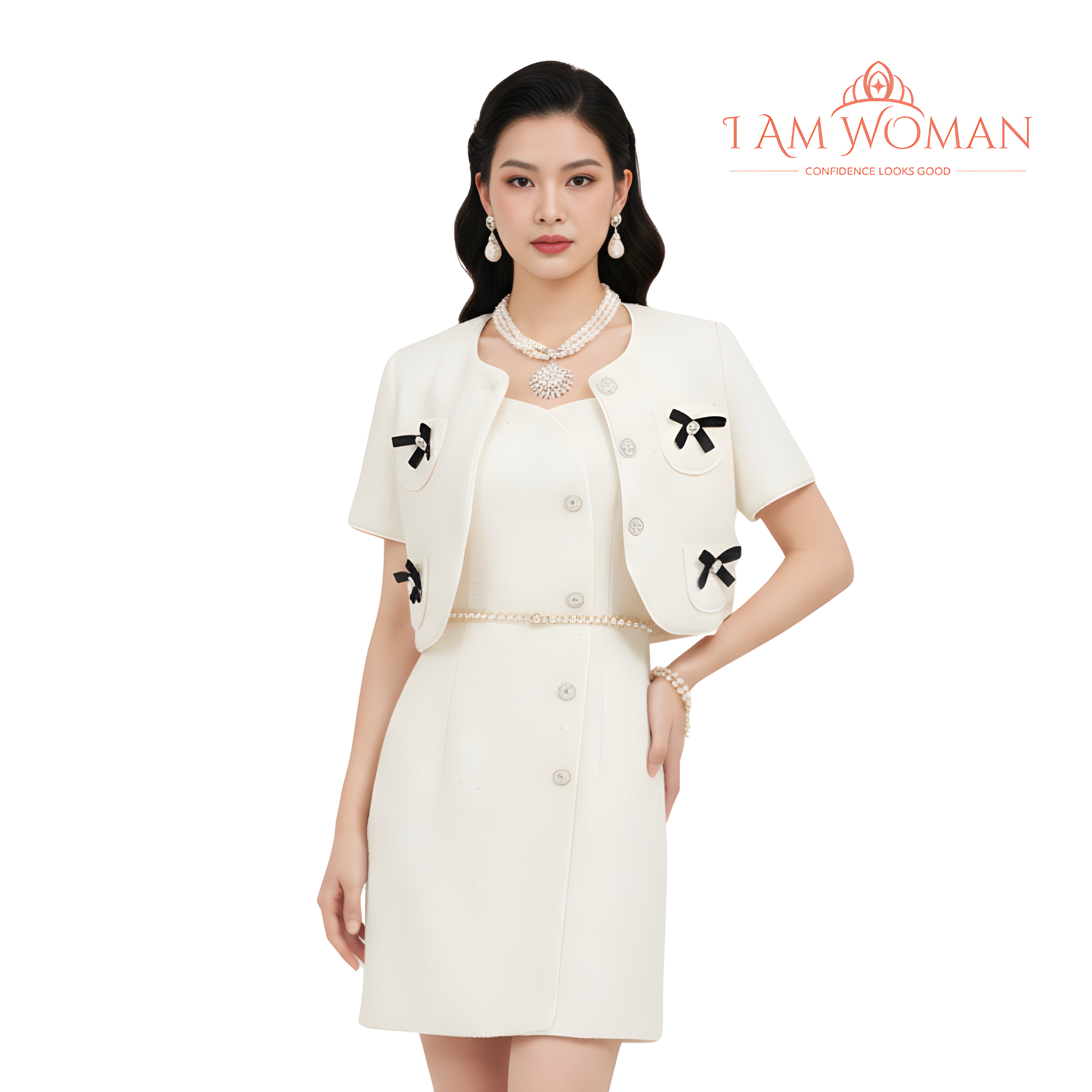 I Am Woman Cream Textured Bow Accent Blazer Dress