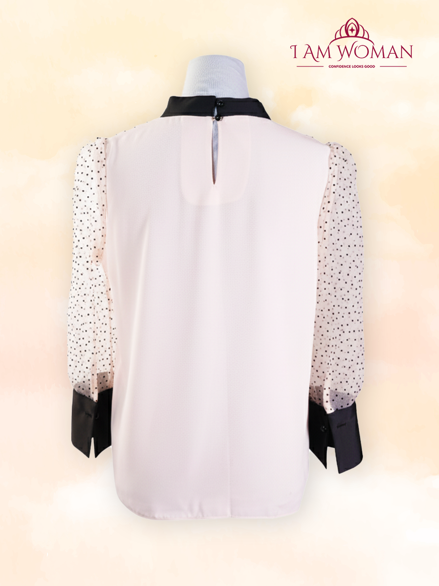 Light Beige Polka Dot Blouse With Black Bow