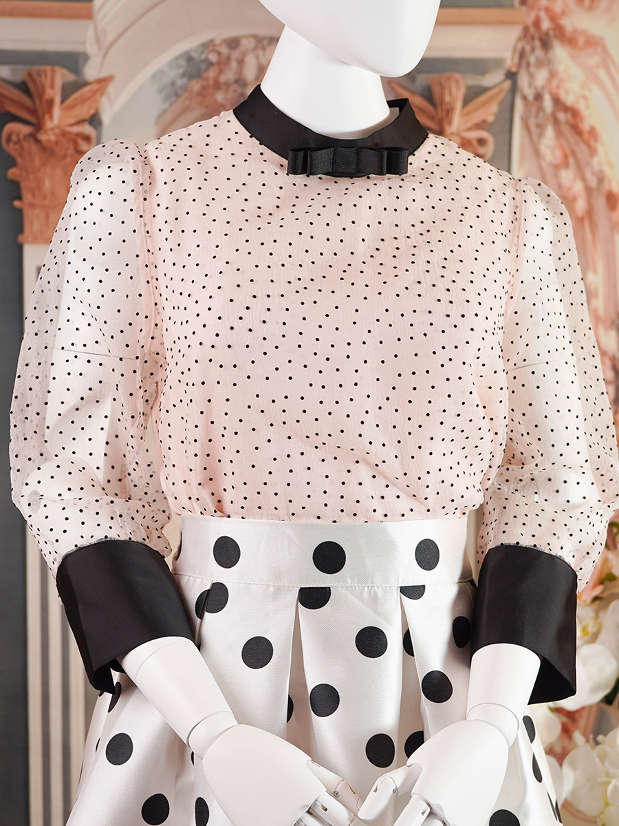 Light Beige Polka Dot Blouse With Black Bow