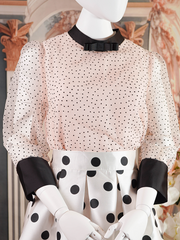 Light Beige Polka Dot Blouse With Black Bow