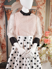 Light Beige Polka Dot Blouse With Black Bow