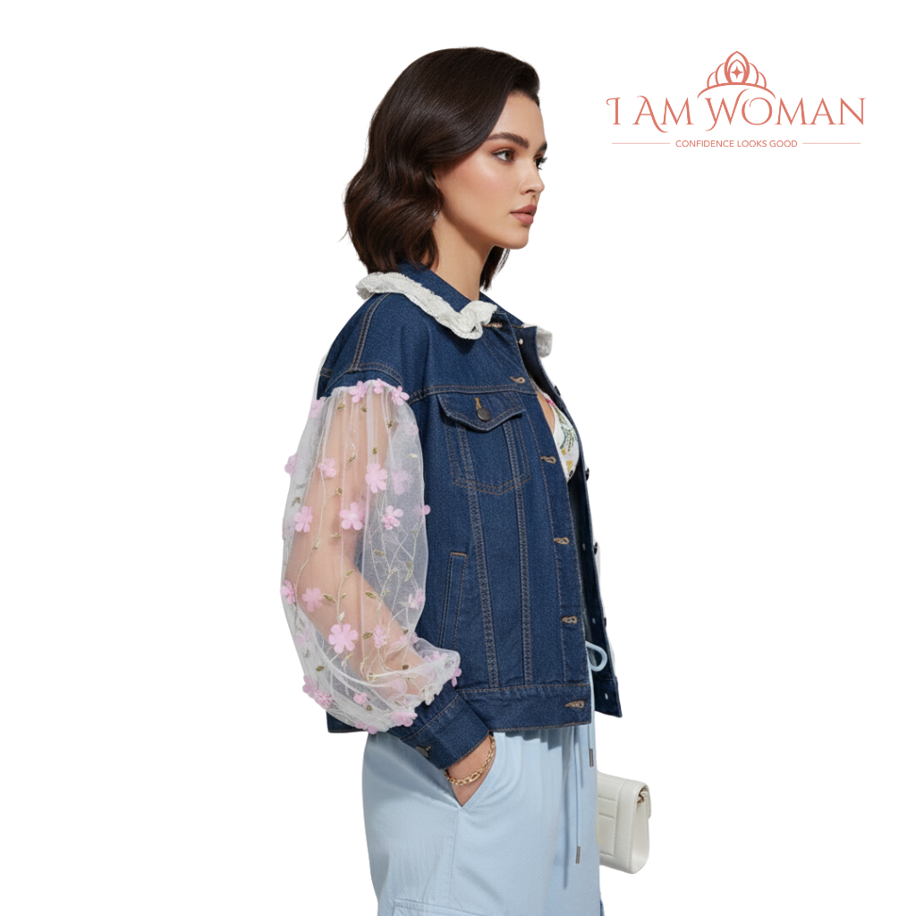 I Am Woman Denim Jacket with Floral Sleeves