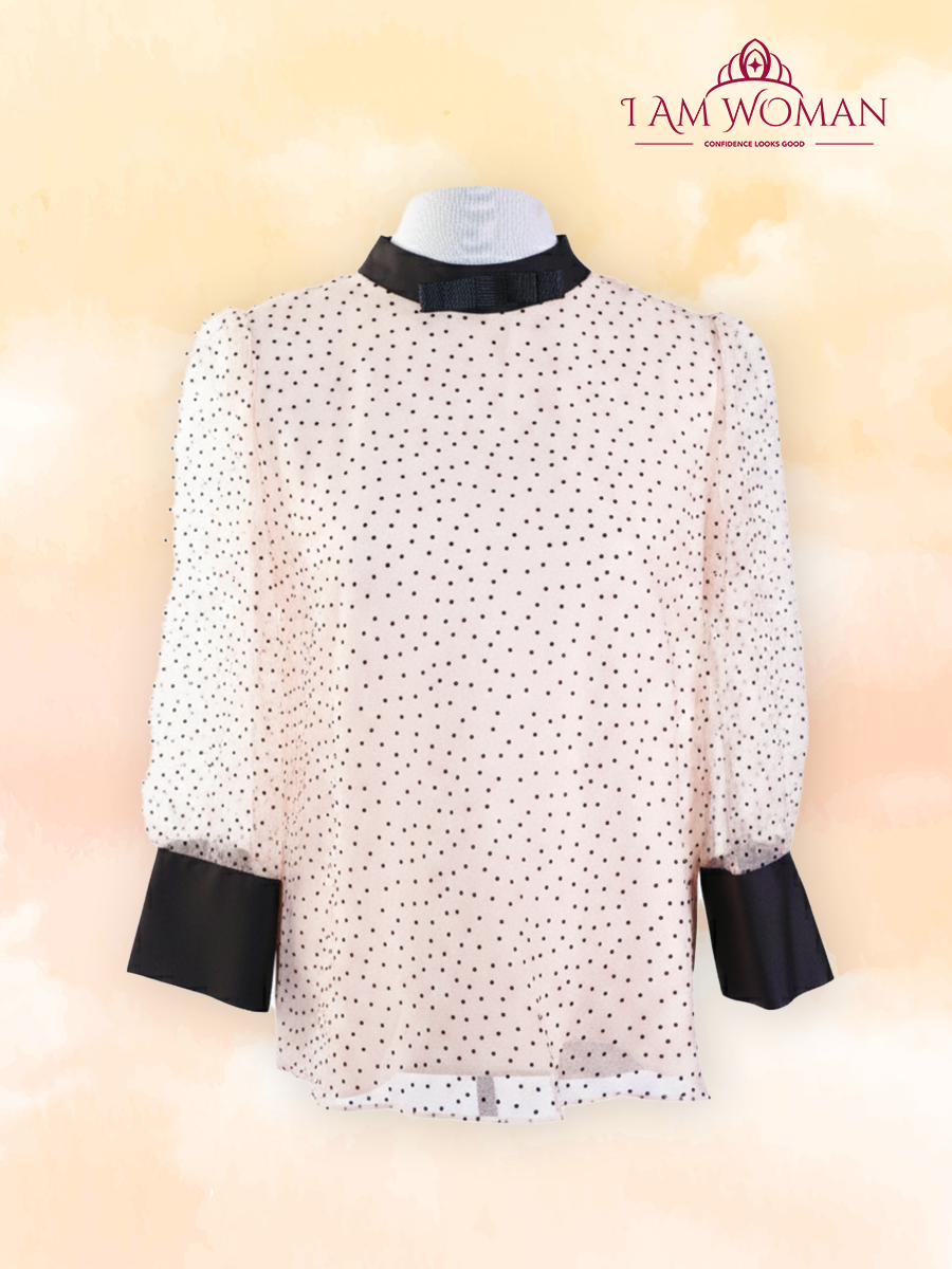 Light Beige Polka Dot Blouse With Black Bow