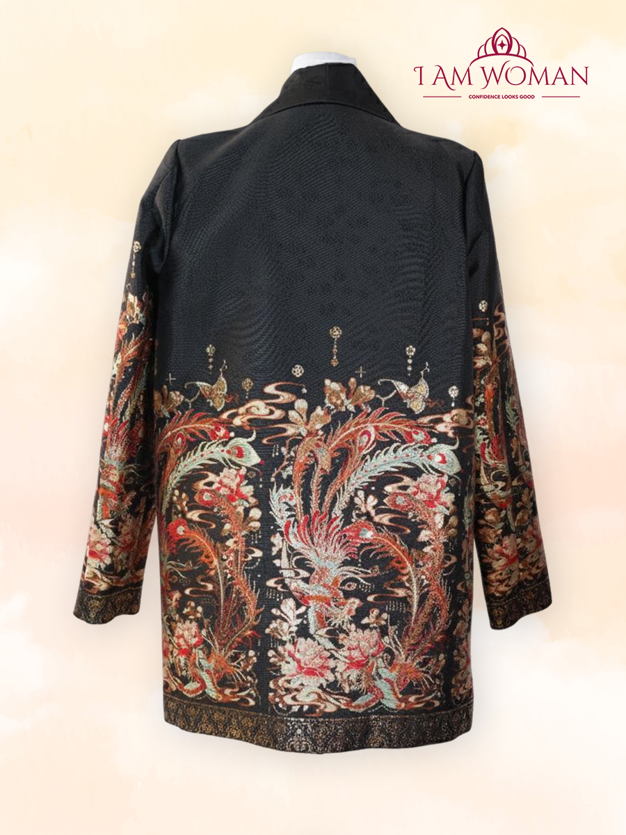 Black blazer with an ornate gold and multicolored floral print.