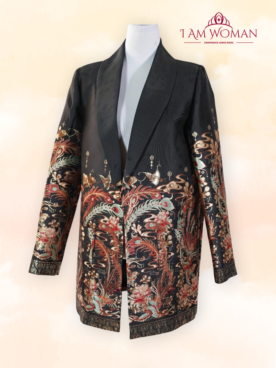 Black blazer with an ornate gold and multicolored floral print.