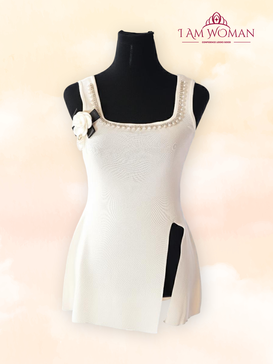 Cream Embellished Mini Dress