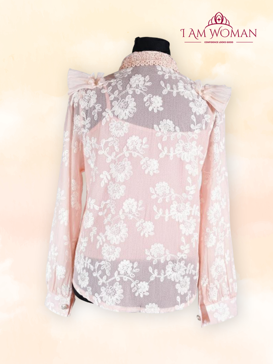 Blush Pink Sheer Lace Ruffled Blouse
