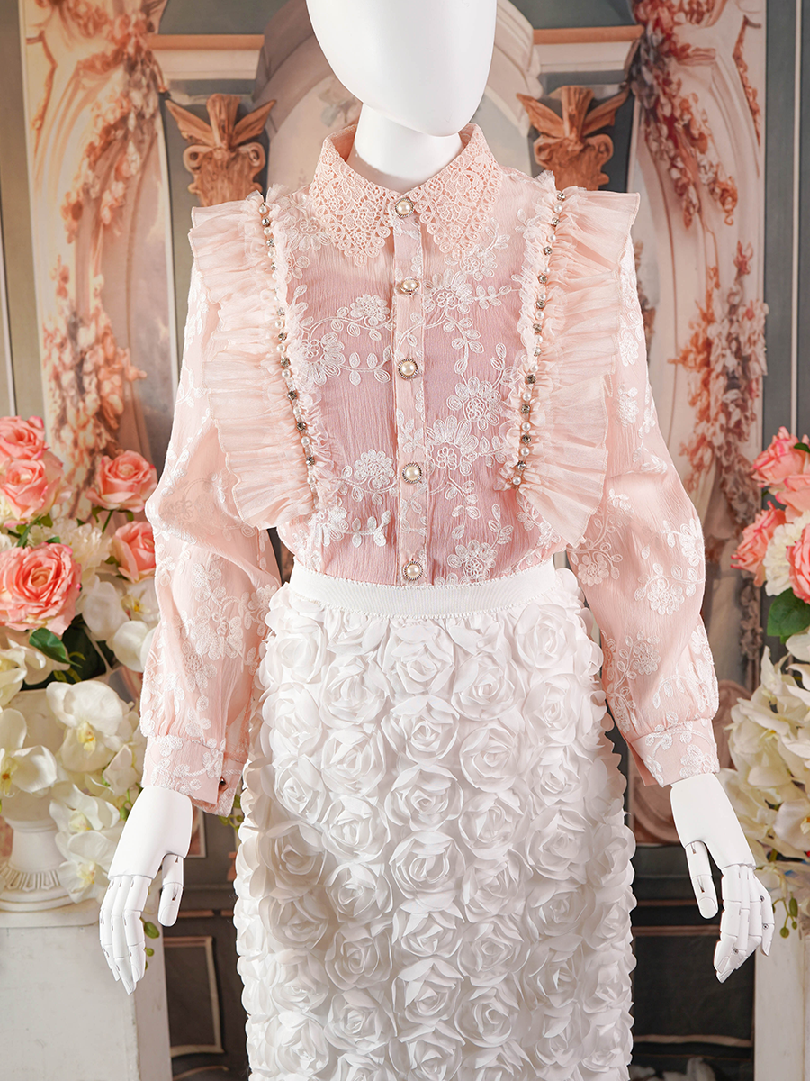 Blush Pink Sheer Lace Ruffled Blouse