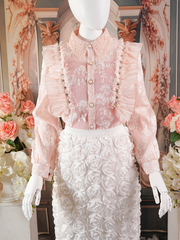 Blush Pink Sheer Lace Ruffled Blouse