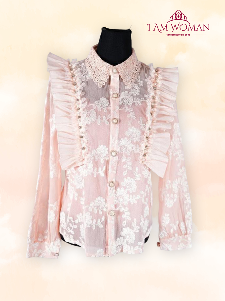 Blush Pink Sheer Lace Ruffled Blouse