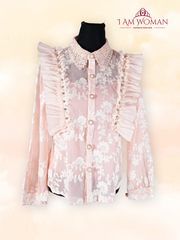 Blush Pink Sheer Lace Ruffled Blouse
