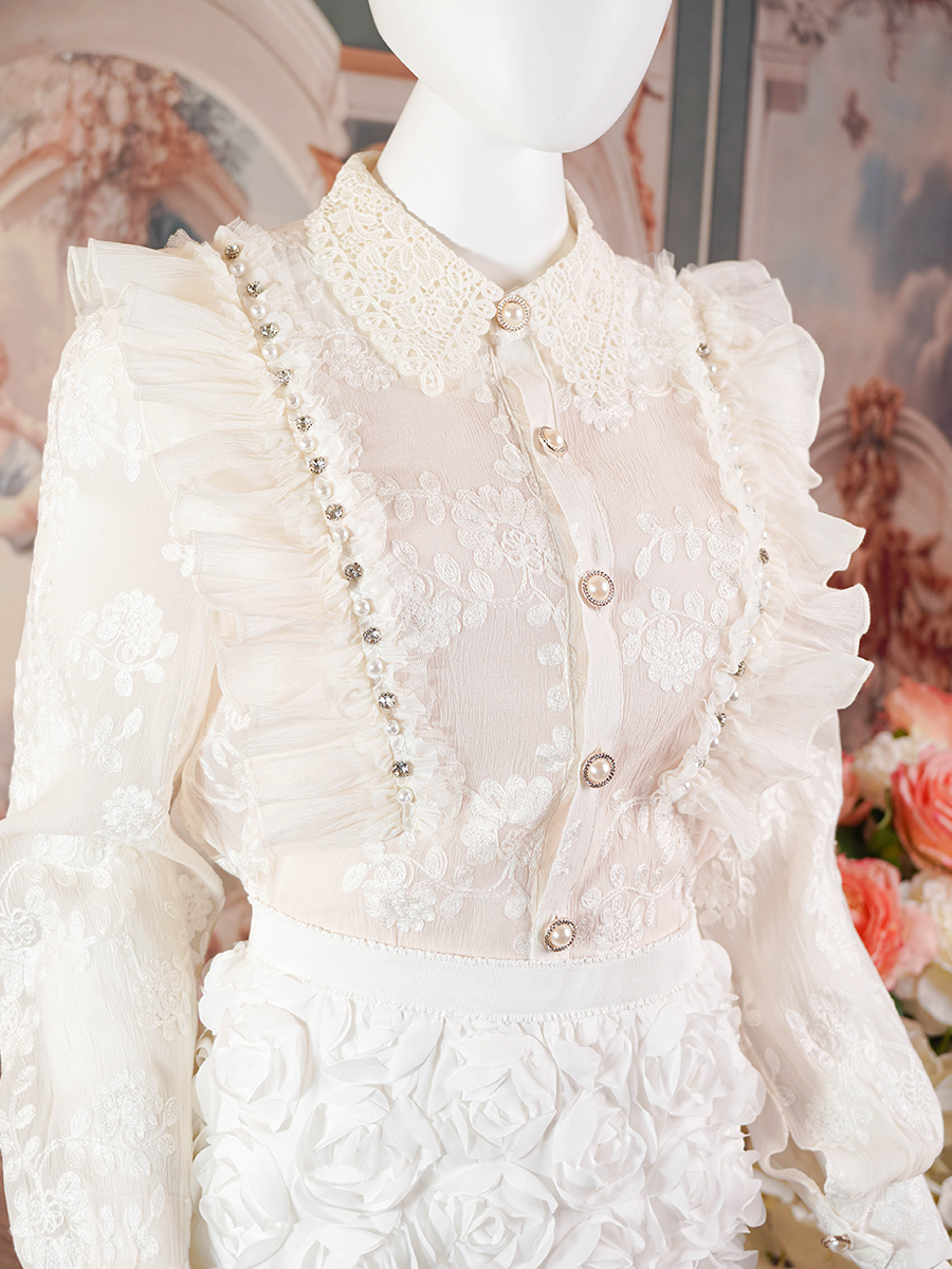 Ivory Lace Ruffled Long Sleeve Blouse