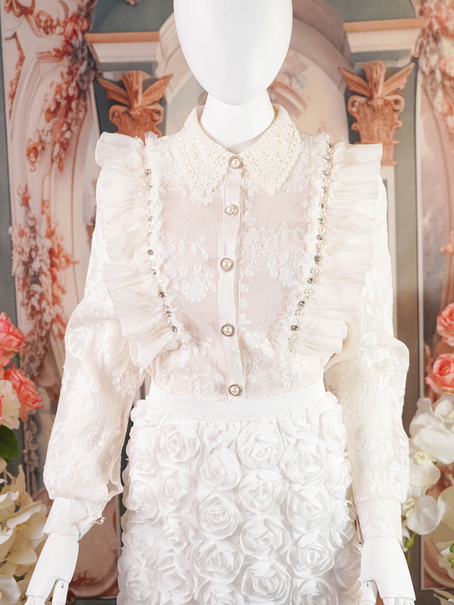 Ivory Lace Ruffled Long Sleeve Blouse