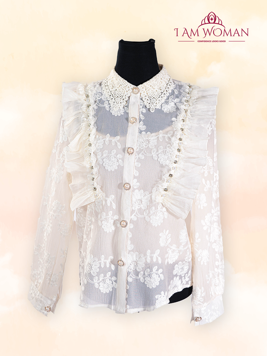 Ivory Lace Ruffled Long Sleeve Blouse