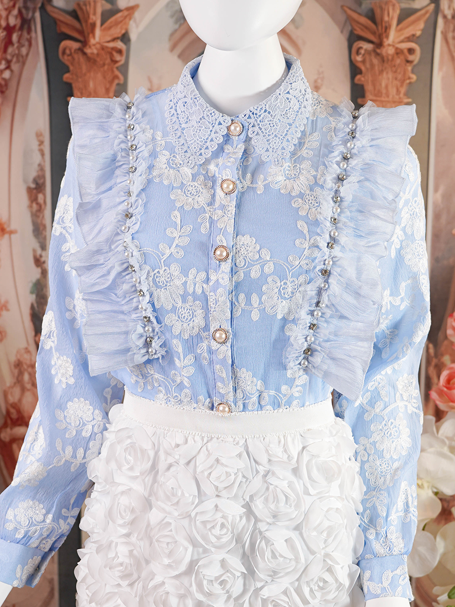 Baby Blue Lace Ruffled Long Sleeve Blouse Medium