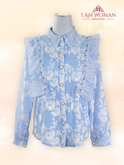 Baby Blue Lace Ruffled Long Sleeve Blouse Medium