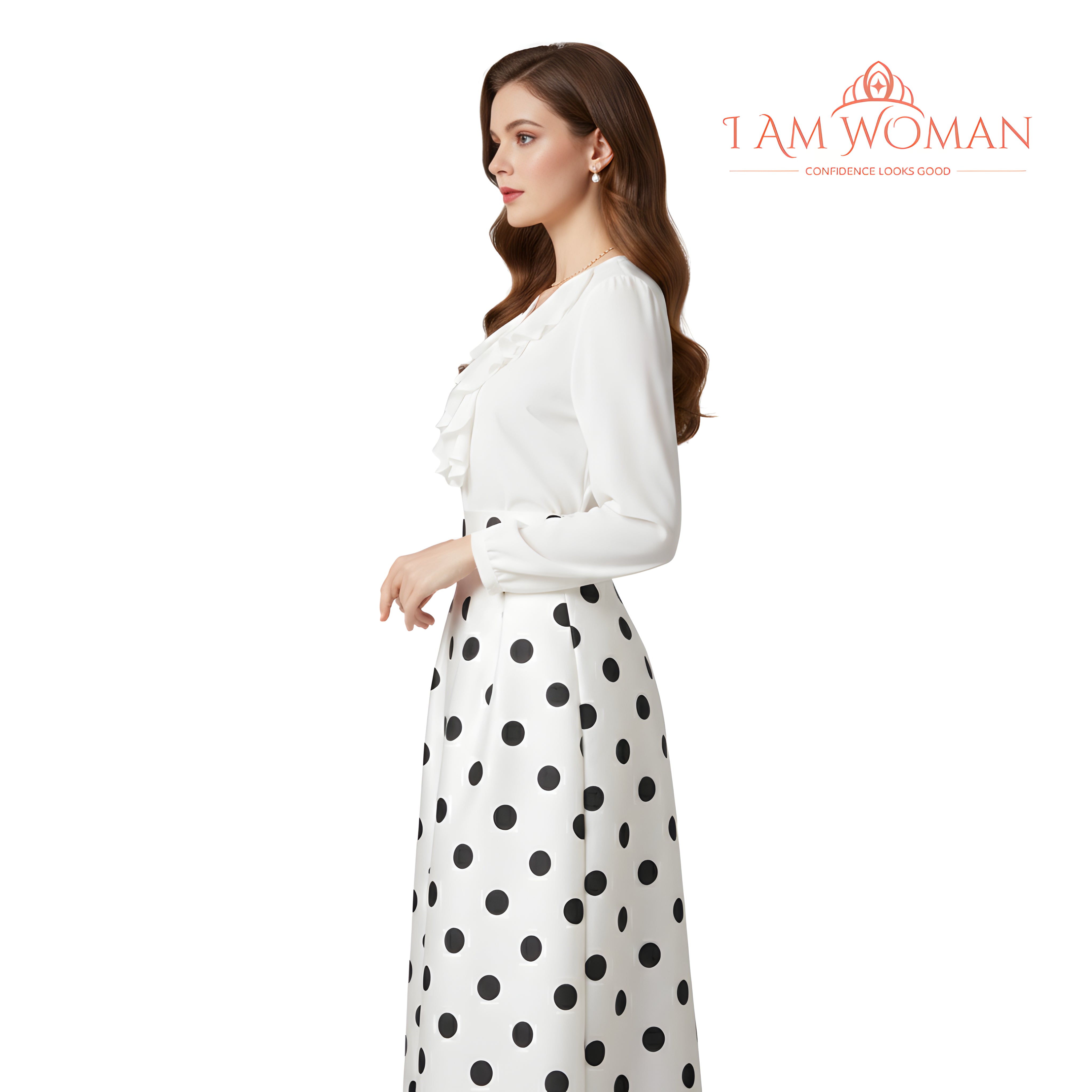 I Am Woman White Pleated Midi Skirt with Black Polka Dots
