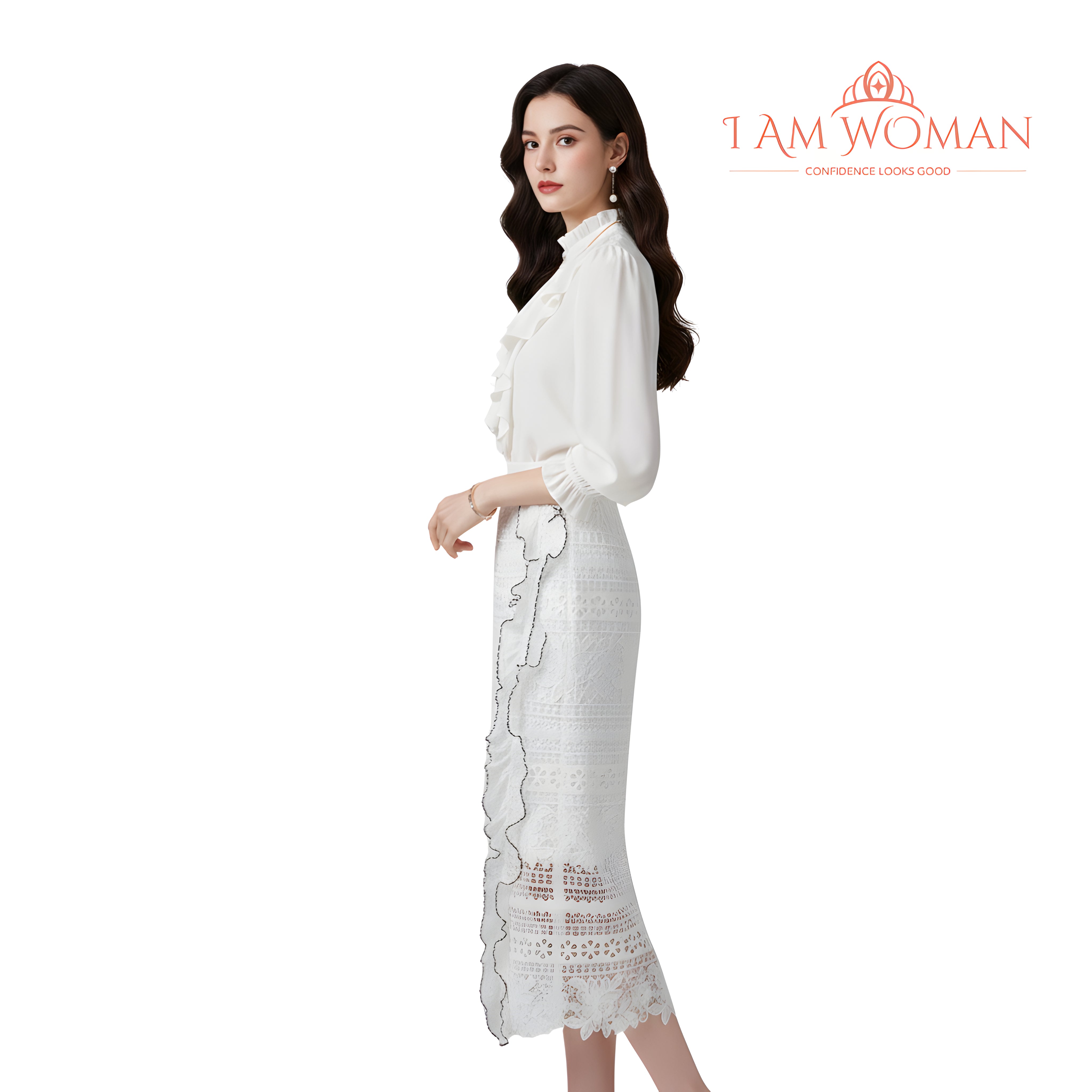 I Am Woman White Floral Lace Midi Skirt