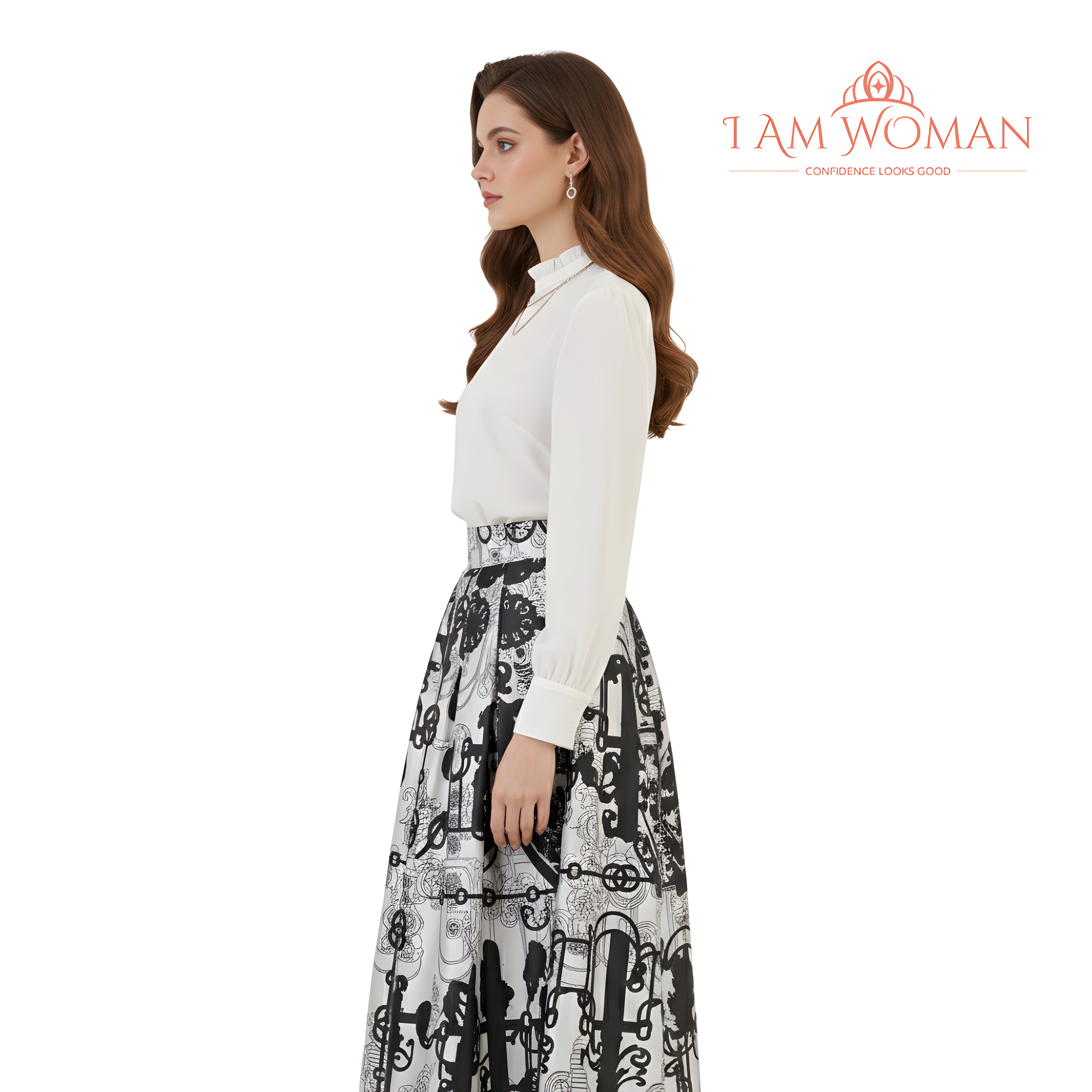I Am Woman White and Black Patterned Pleated Skirt