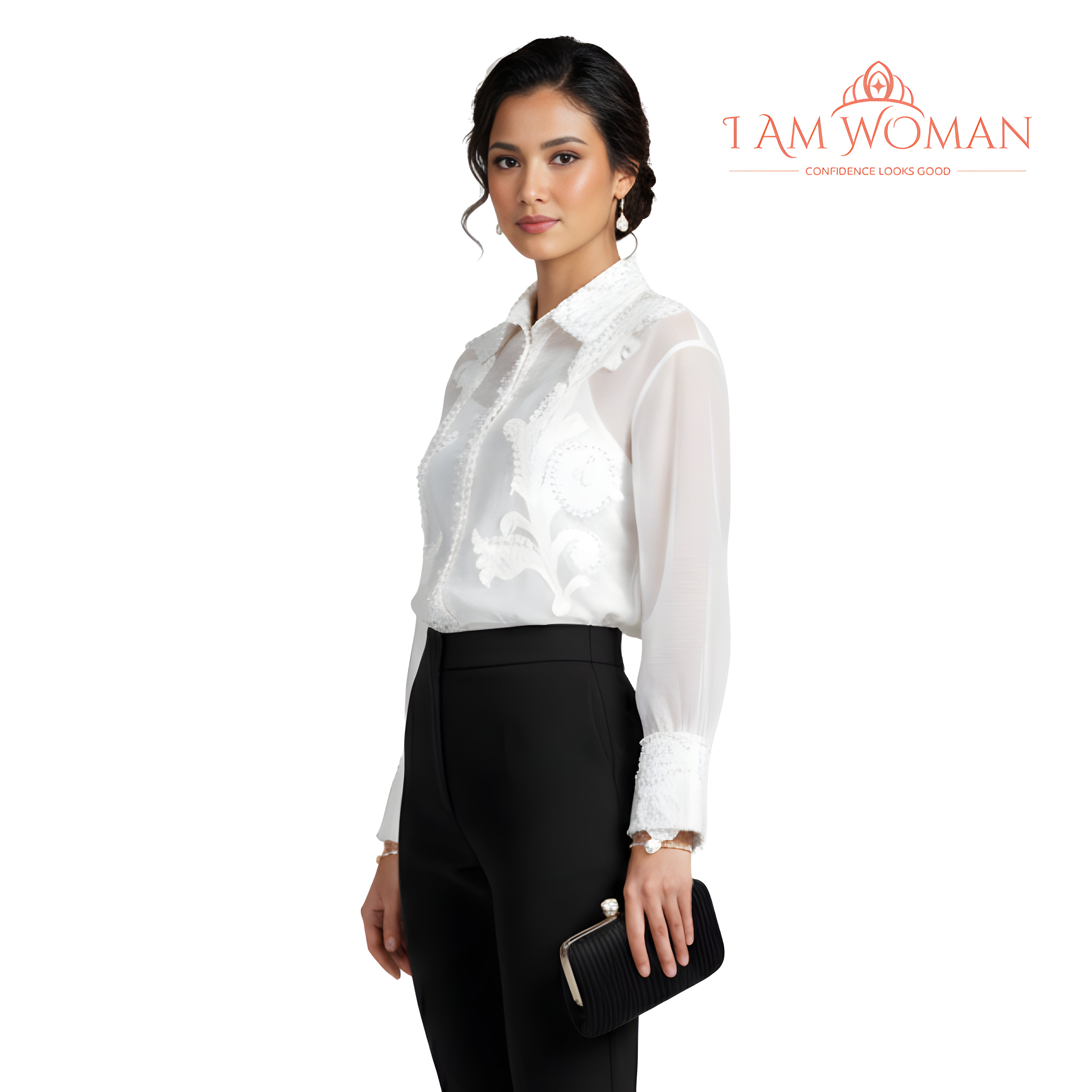 I Am Woman White, Pearl-Embellished, Sheer Blouse