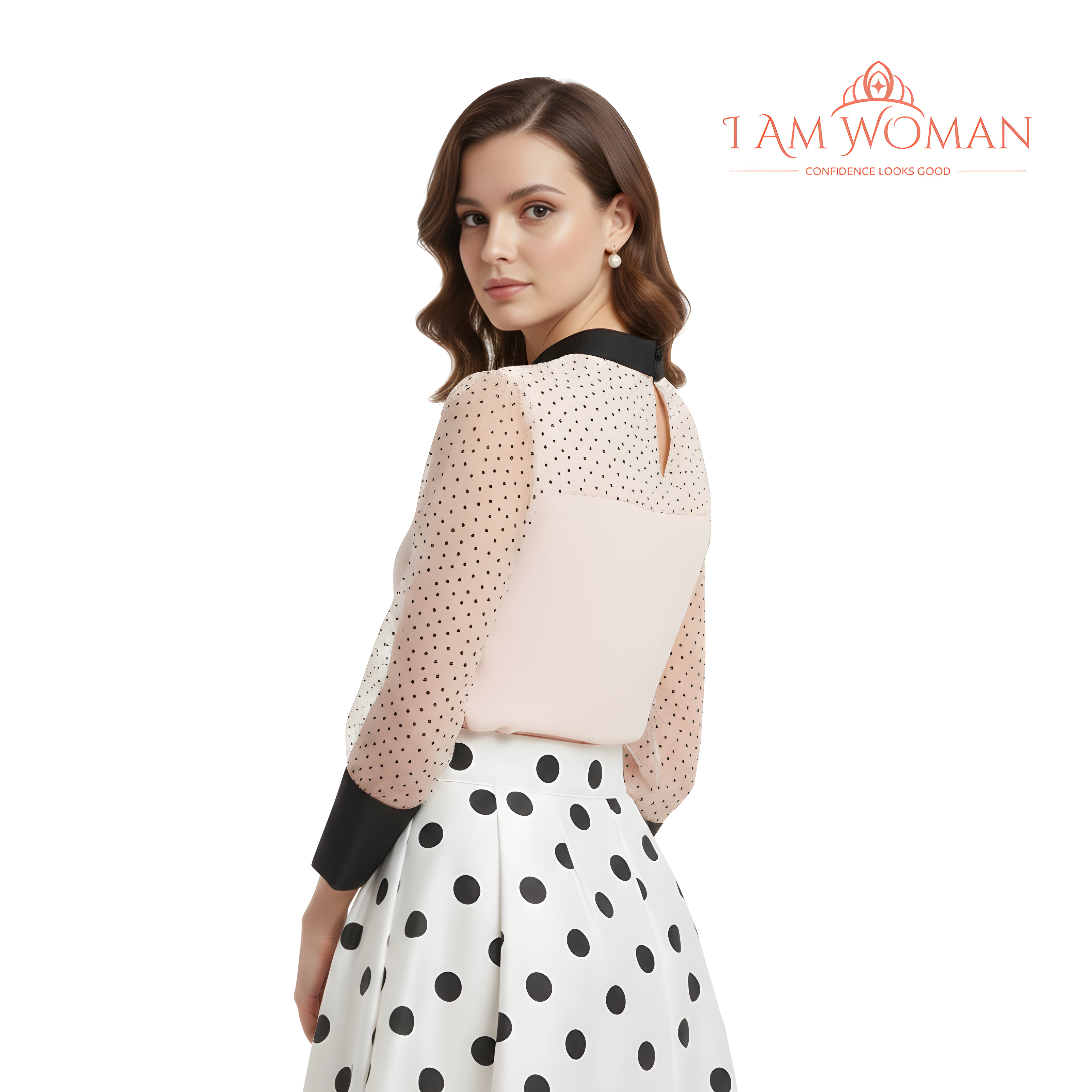 I Am Woman Light Beige Polka Dot Blouse with Black Bow