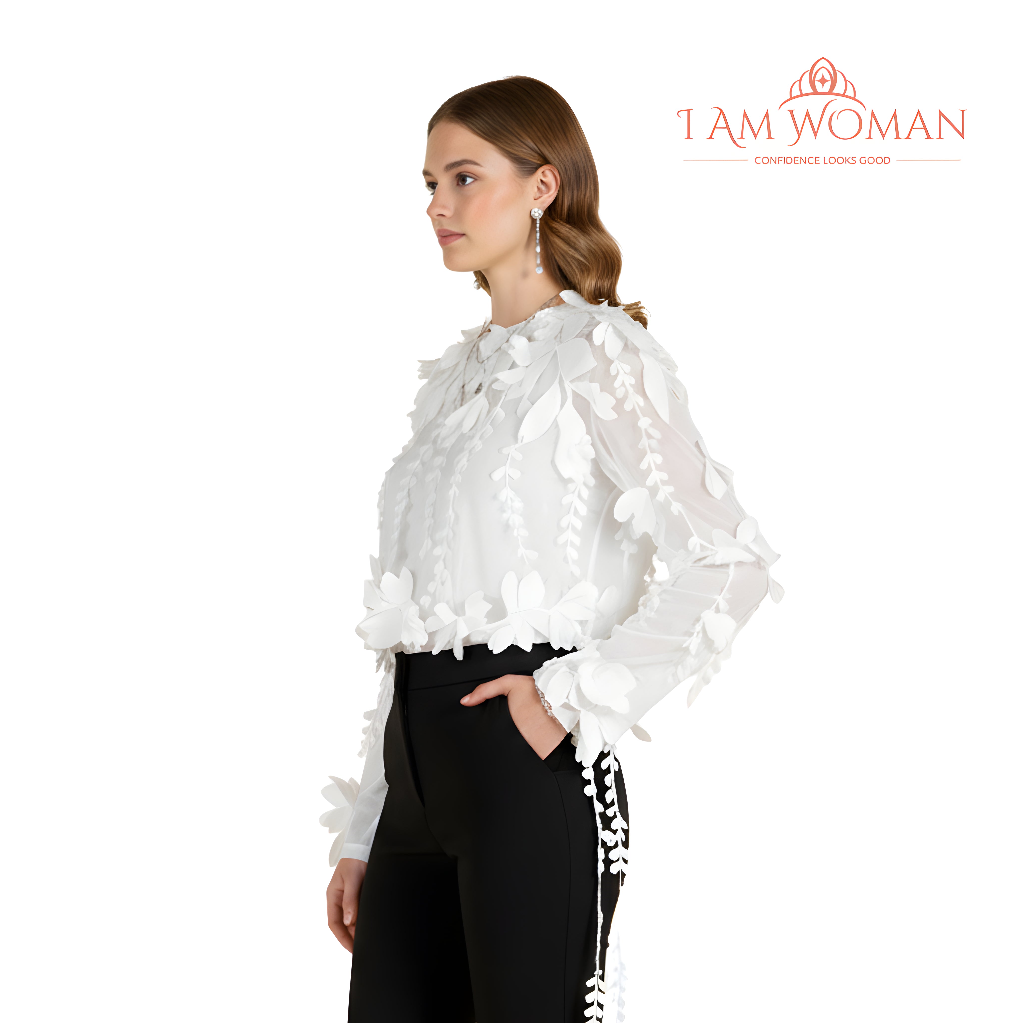 I Am Woman White, Floral Appliqué, Long-Sleeve Top.