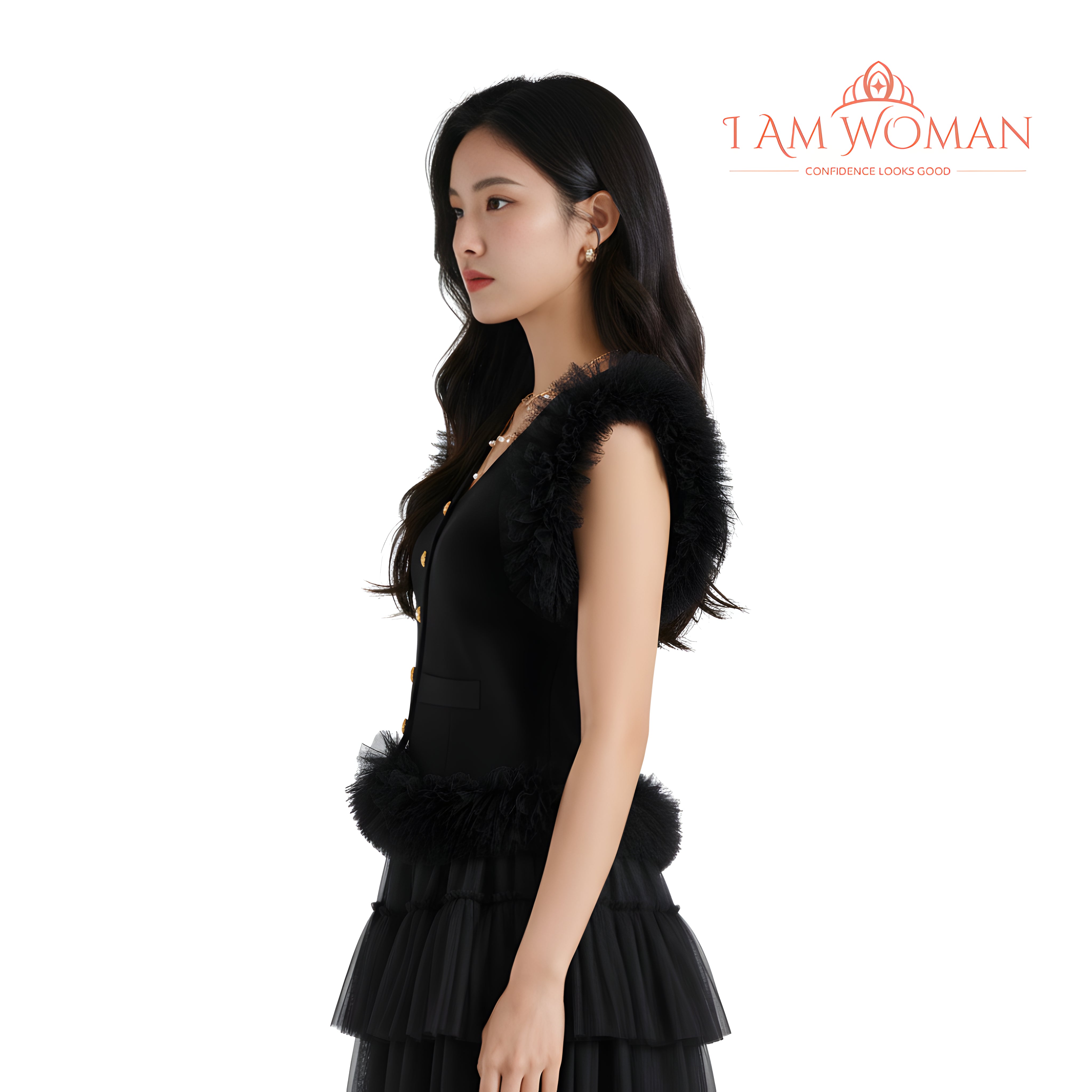 I Am Woman Black, Button-Down, Short-Sleeve Top with Ruffles