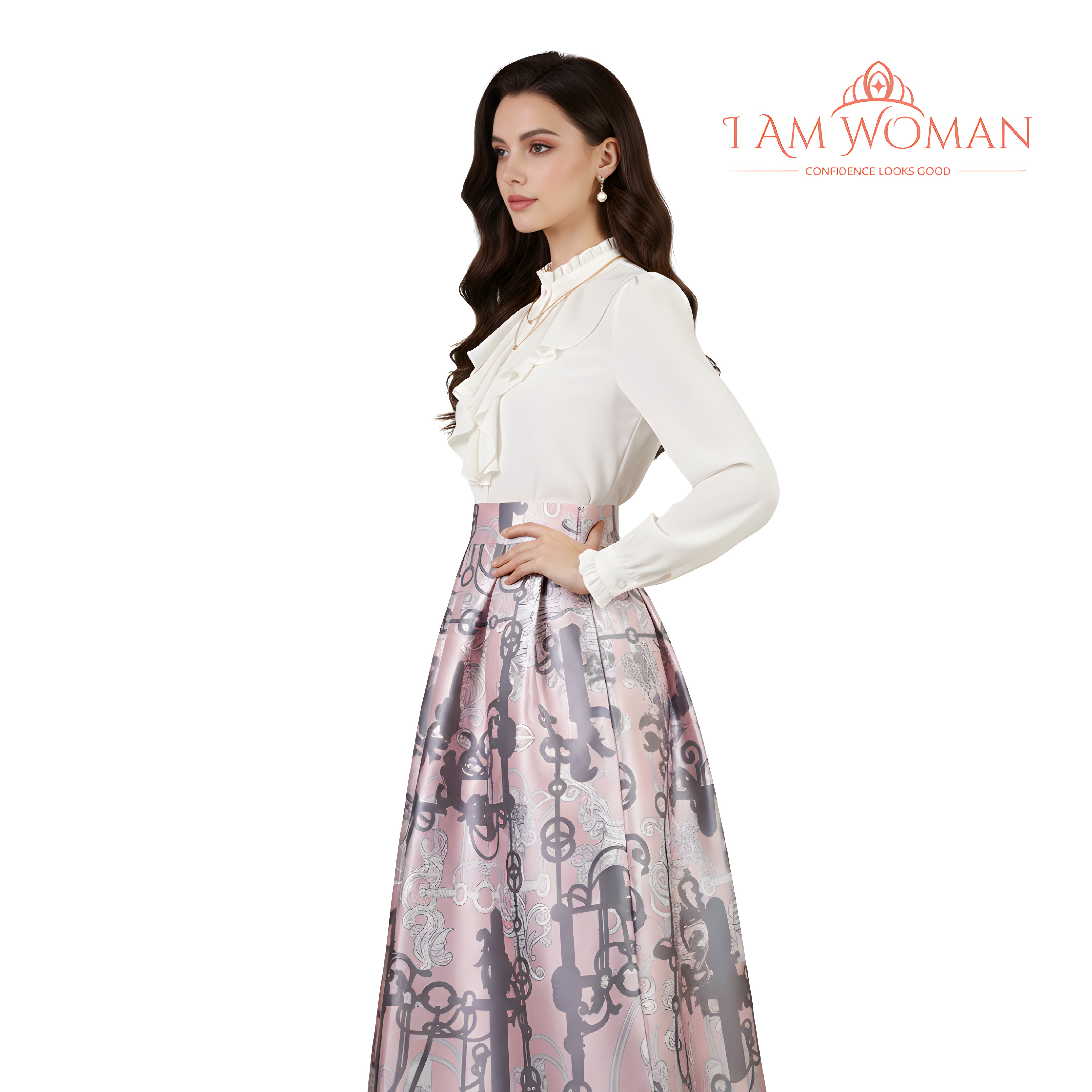 I Am Woman Pink Pleated Skirt with Black Pattern