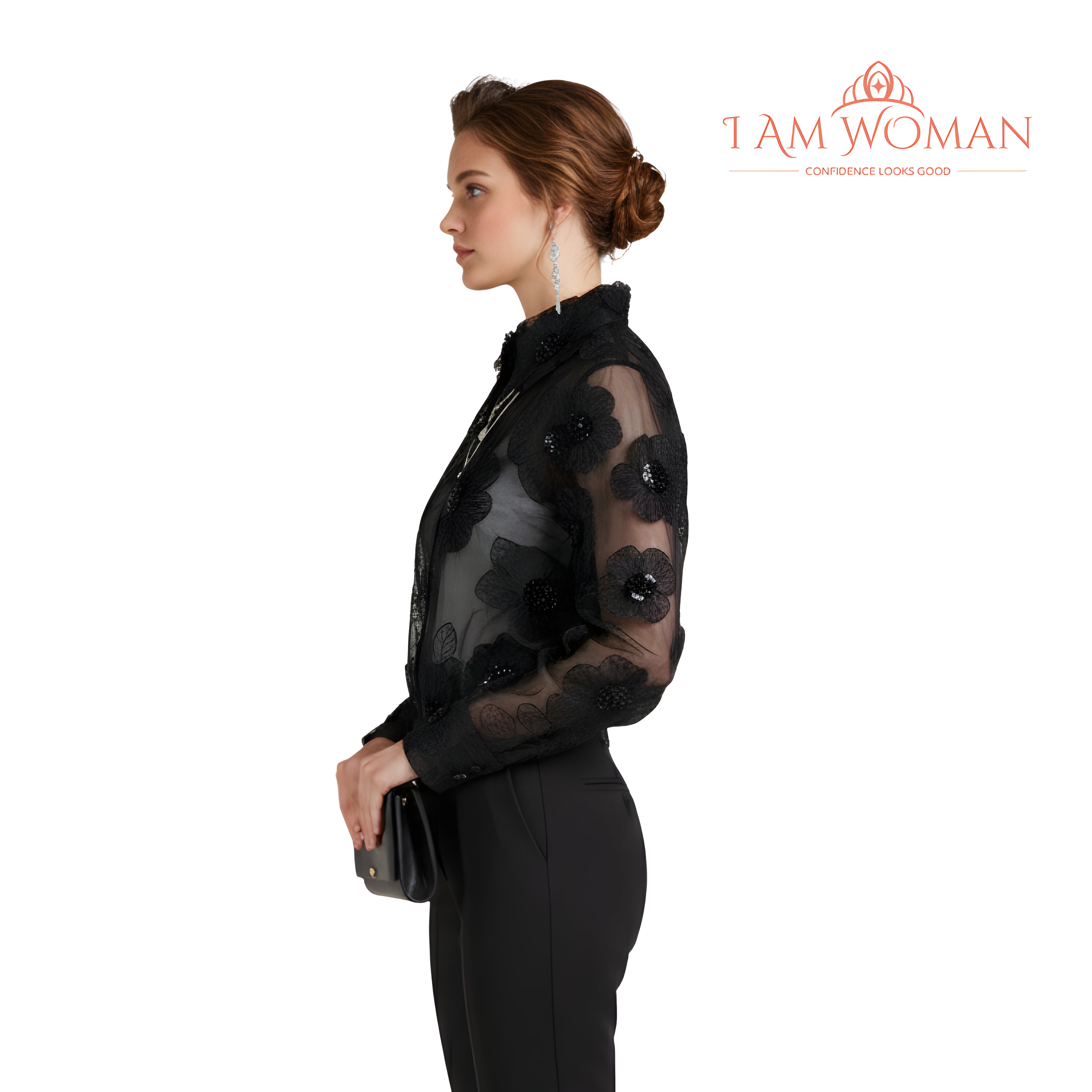 I Am Woman Black, Beaded Floral Ornament Top