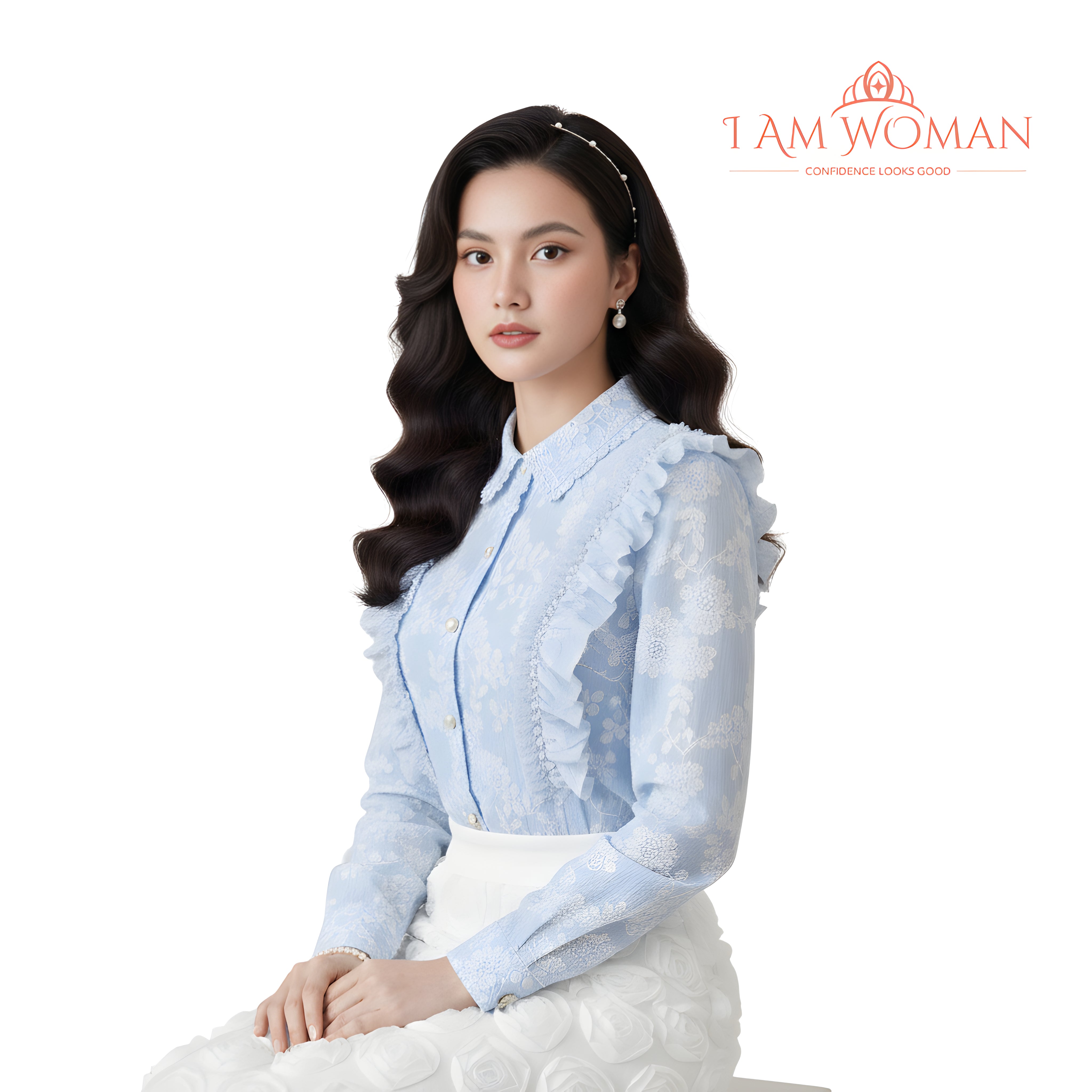 I Am Woman Baby Blue Lace Ruffled Long Sleeve Blouse