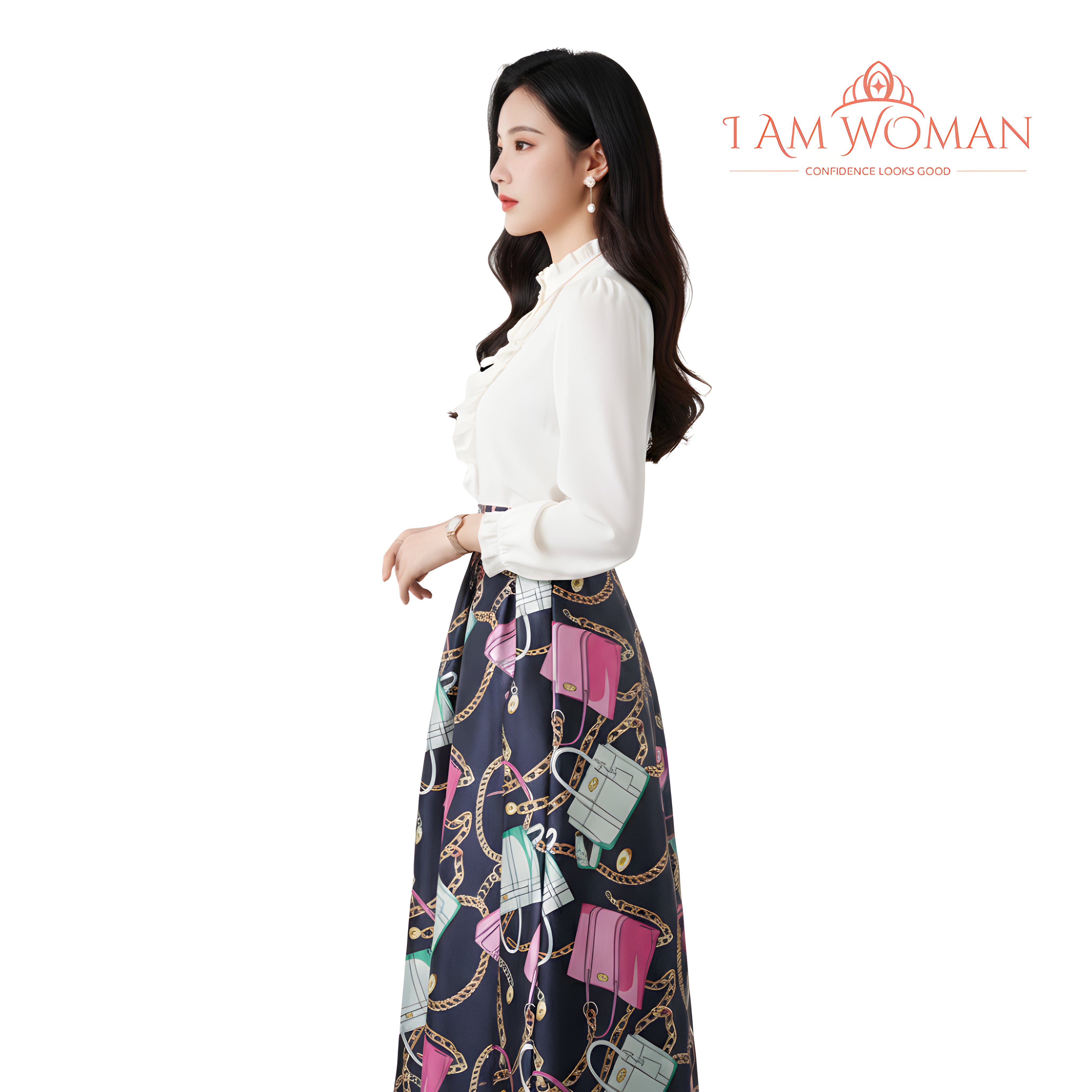 I Am Woman Black Pink Pleated Skirt with Handbag Print