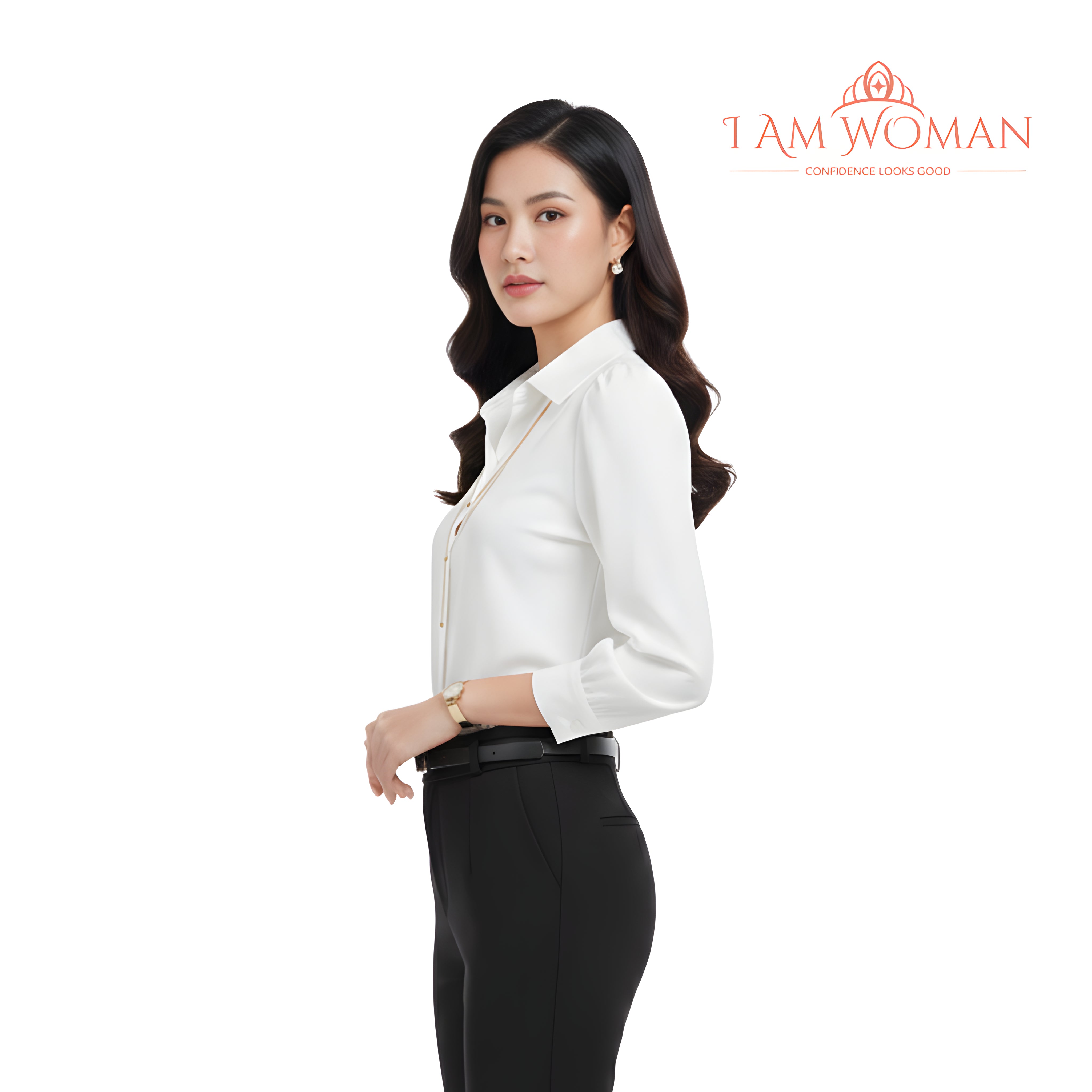I Am Woman White Button Down Blouse with Chain