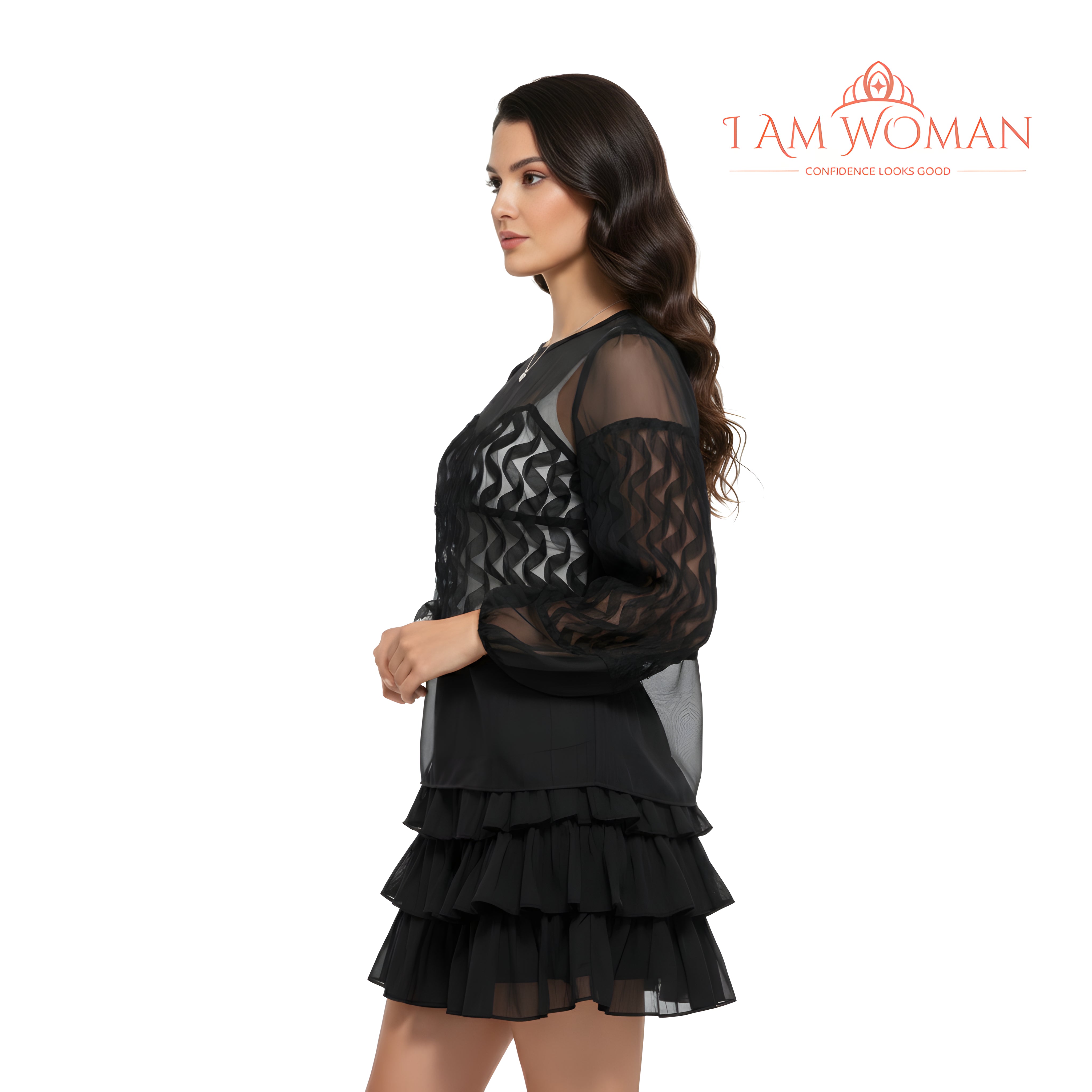 I Am Woman Black Sheer Blouse with 3D Floral Accents
