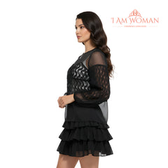 I Am Woman Black Sheer Blouse with 3D Floral Accents