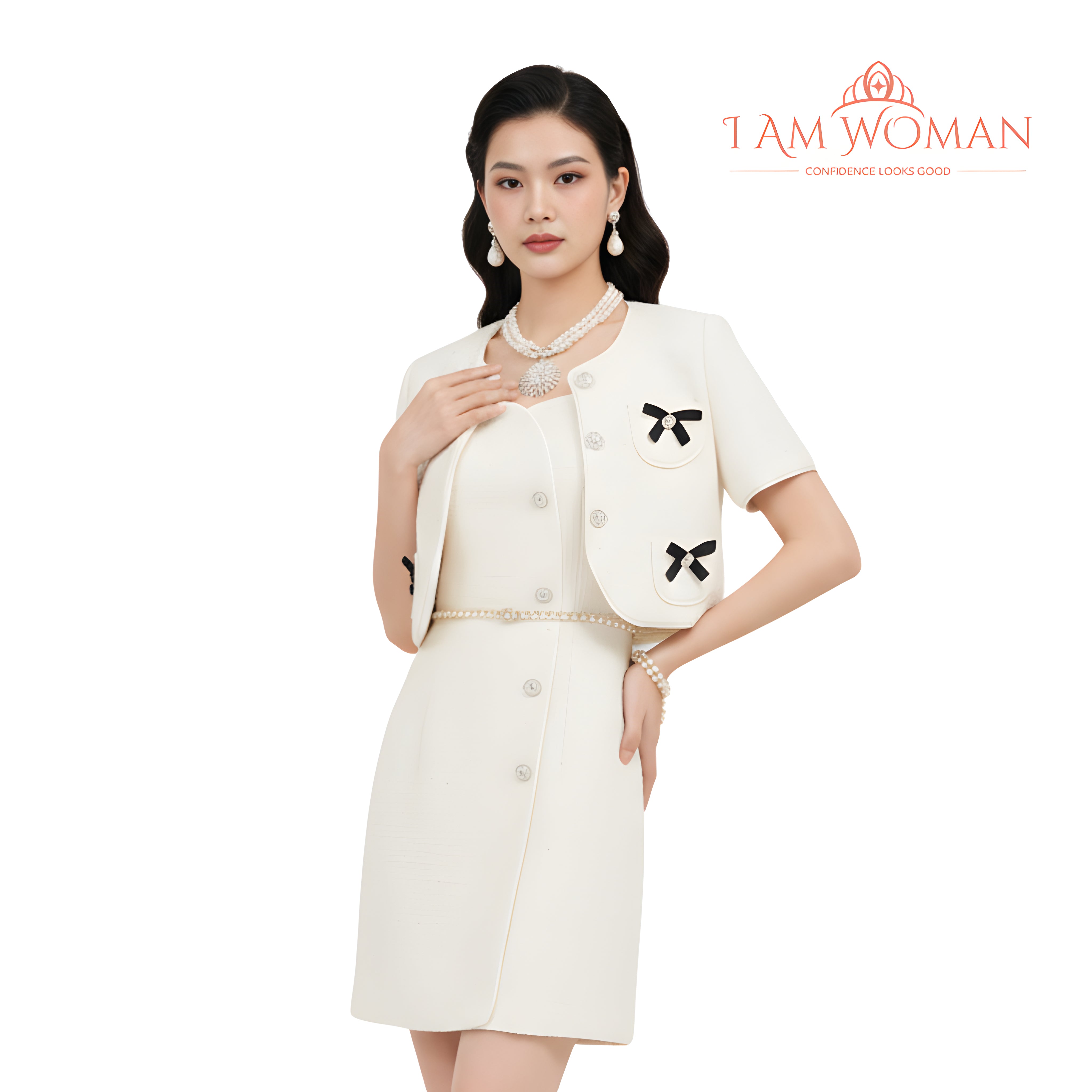 I Am Woman Cream Textured Bow Accent Blazer Dress