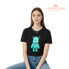 I Am Woman Black T-Shirt with a Teal Teddy Bear Applique