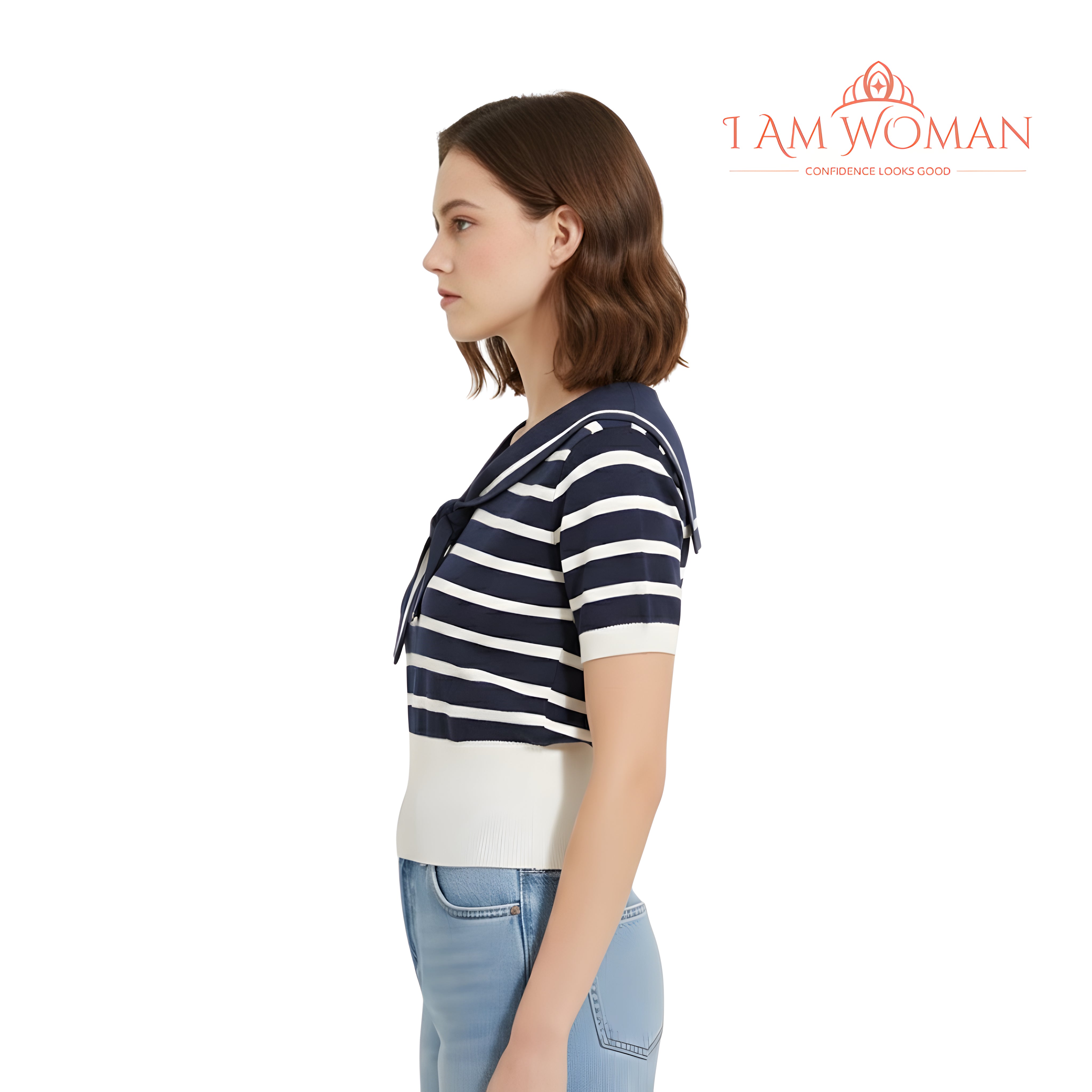 I Am Woman Navy and White Striped Sailor Top