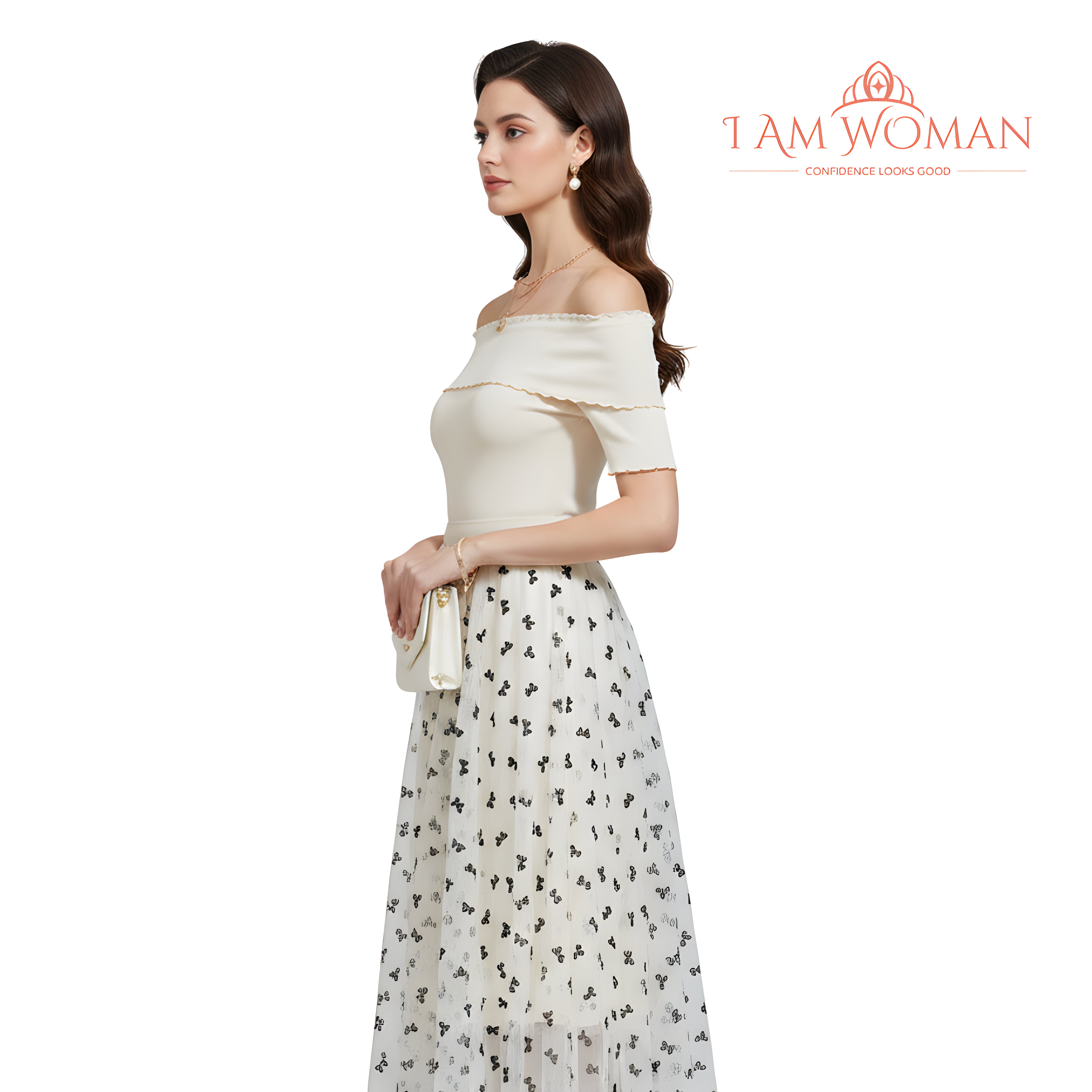 I Am Woman Off-White Tulle Skirt with Black Bows Print