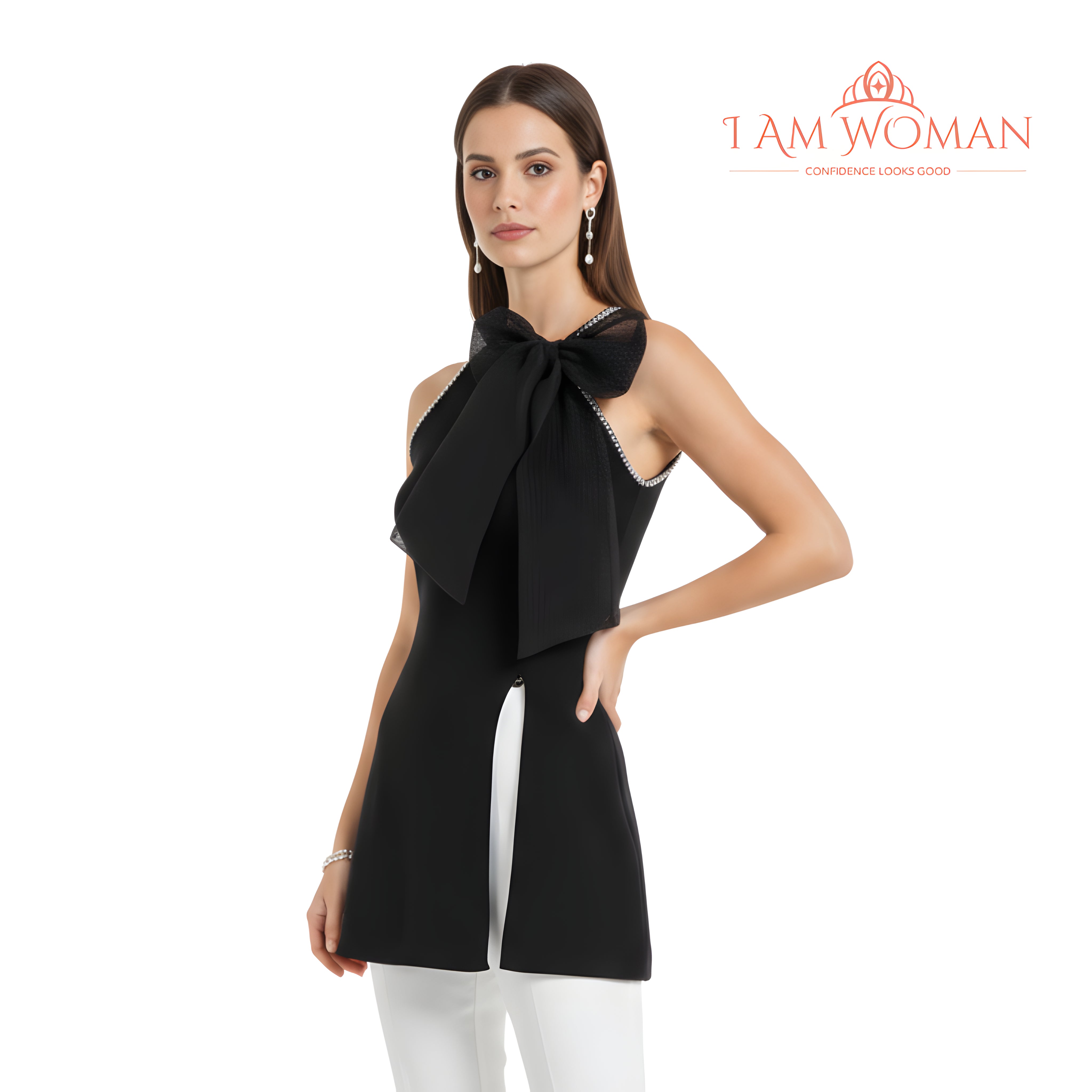 I Am Woman Black Embellished Halter Mini-Dress