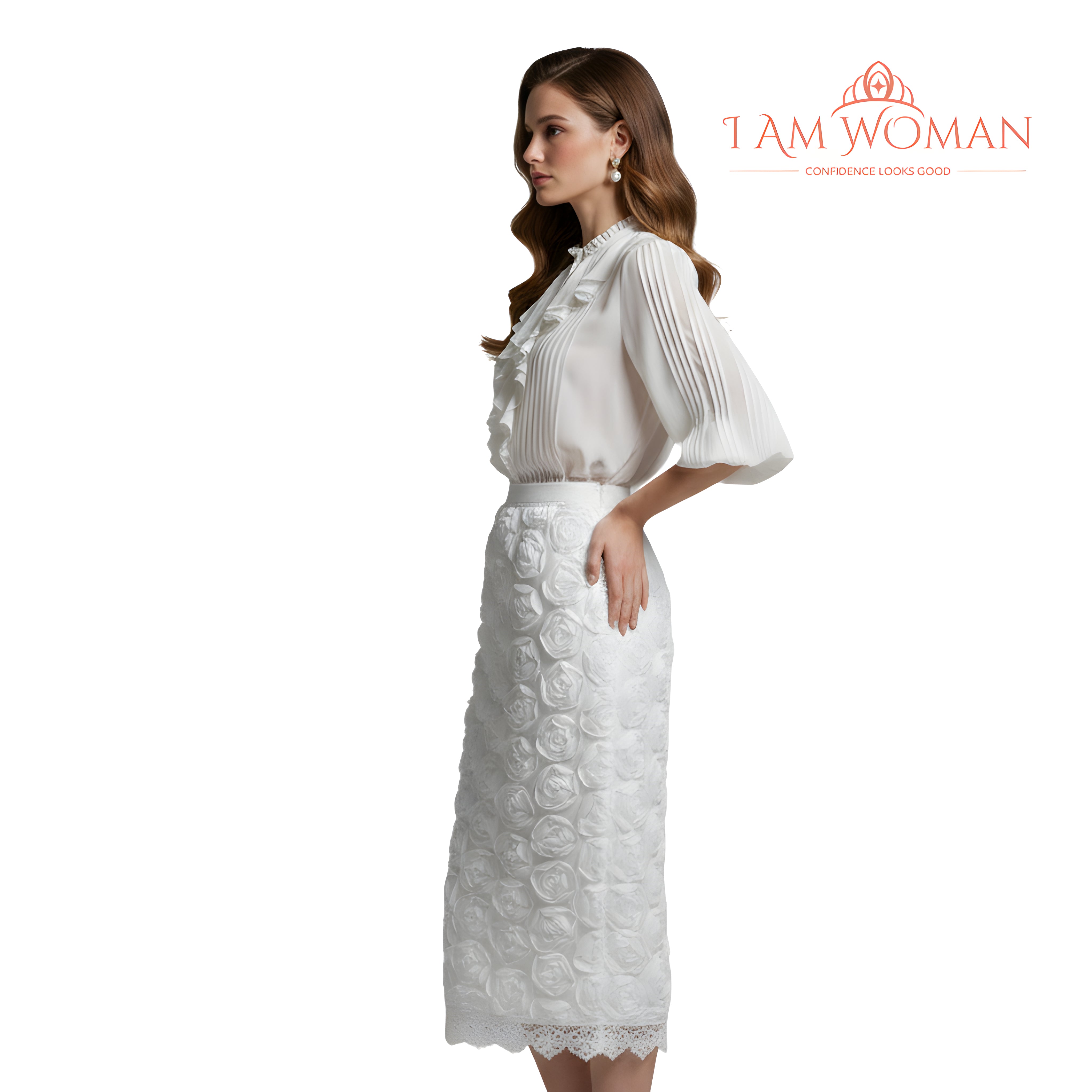 I Am Woman White Midi Skirt Covered in 3D Rose Appliqués