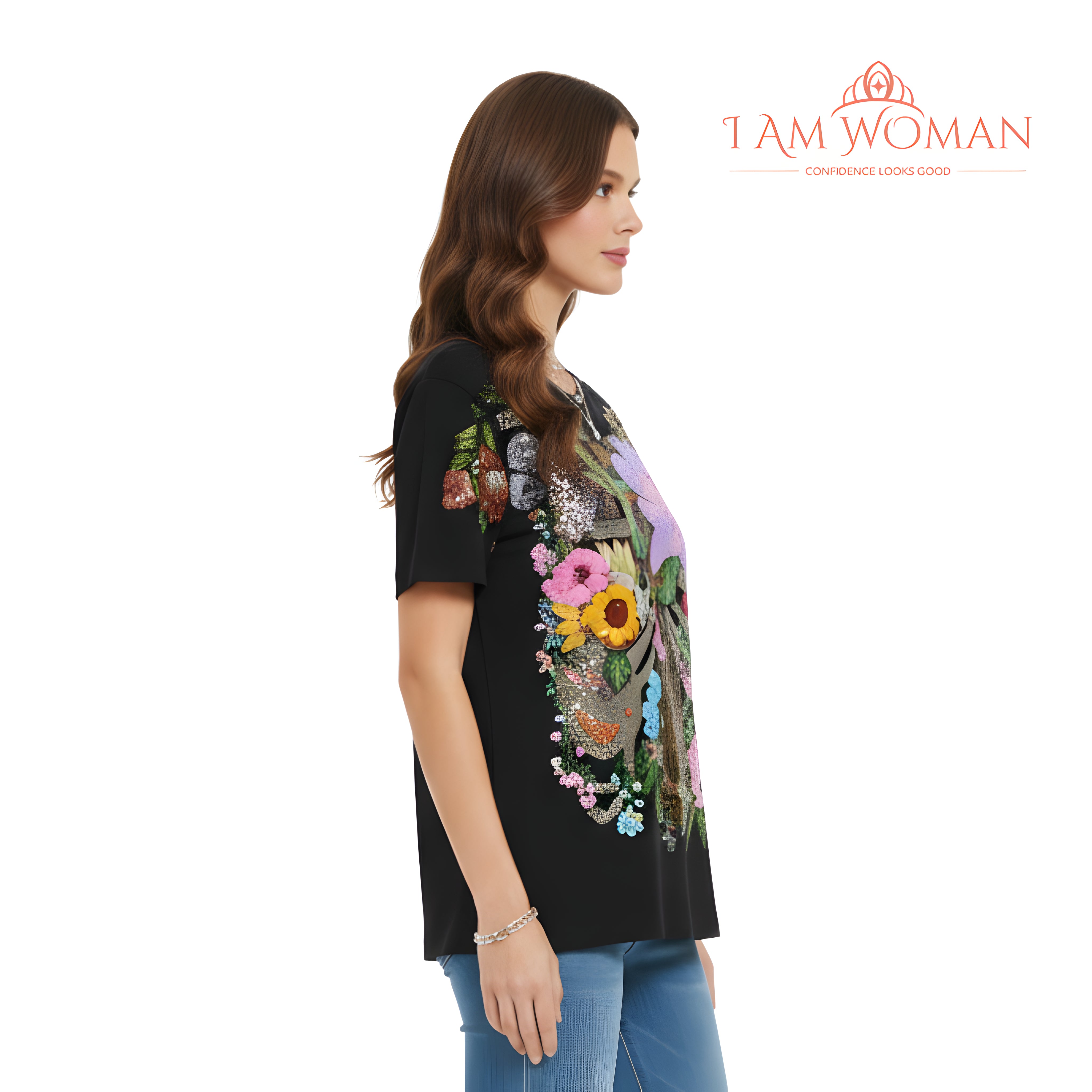 I Am Woman Black, Embroidered Floral and Hummingbird Shirt